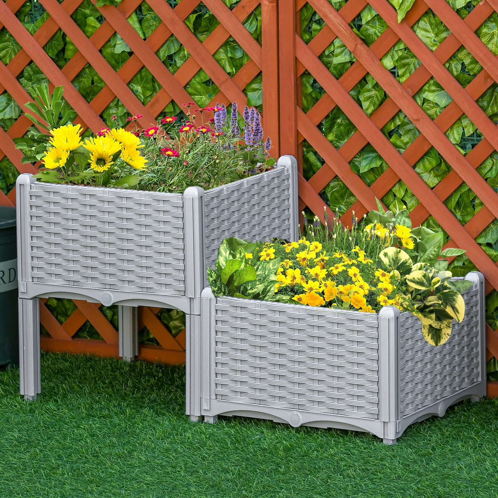 Outsunny 2 Piece Rattan Flower Planter Box Set With 2 Different Heights Compact Footprint And Self Watering Design