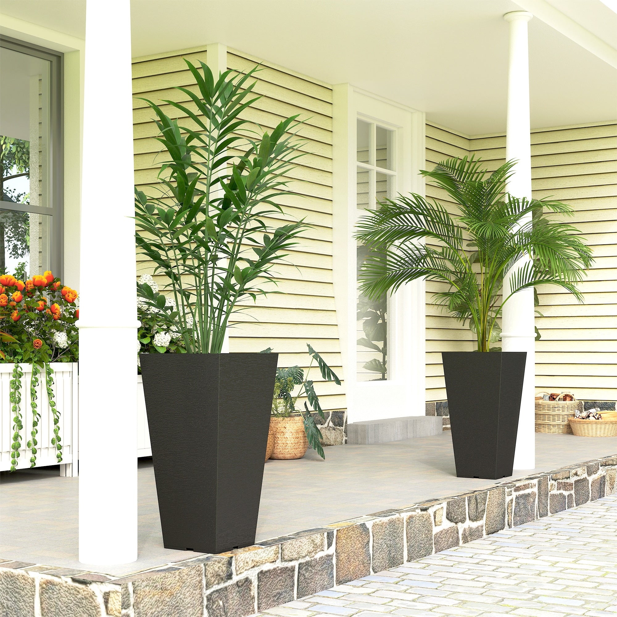 Outsunny 23 Inch Tall Planters For Outdoor Plants Set Of 2 Weather And Uv Resistant Stackable Tapered Large Planters