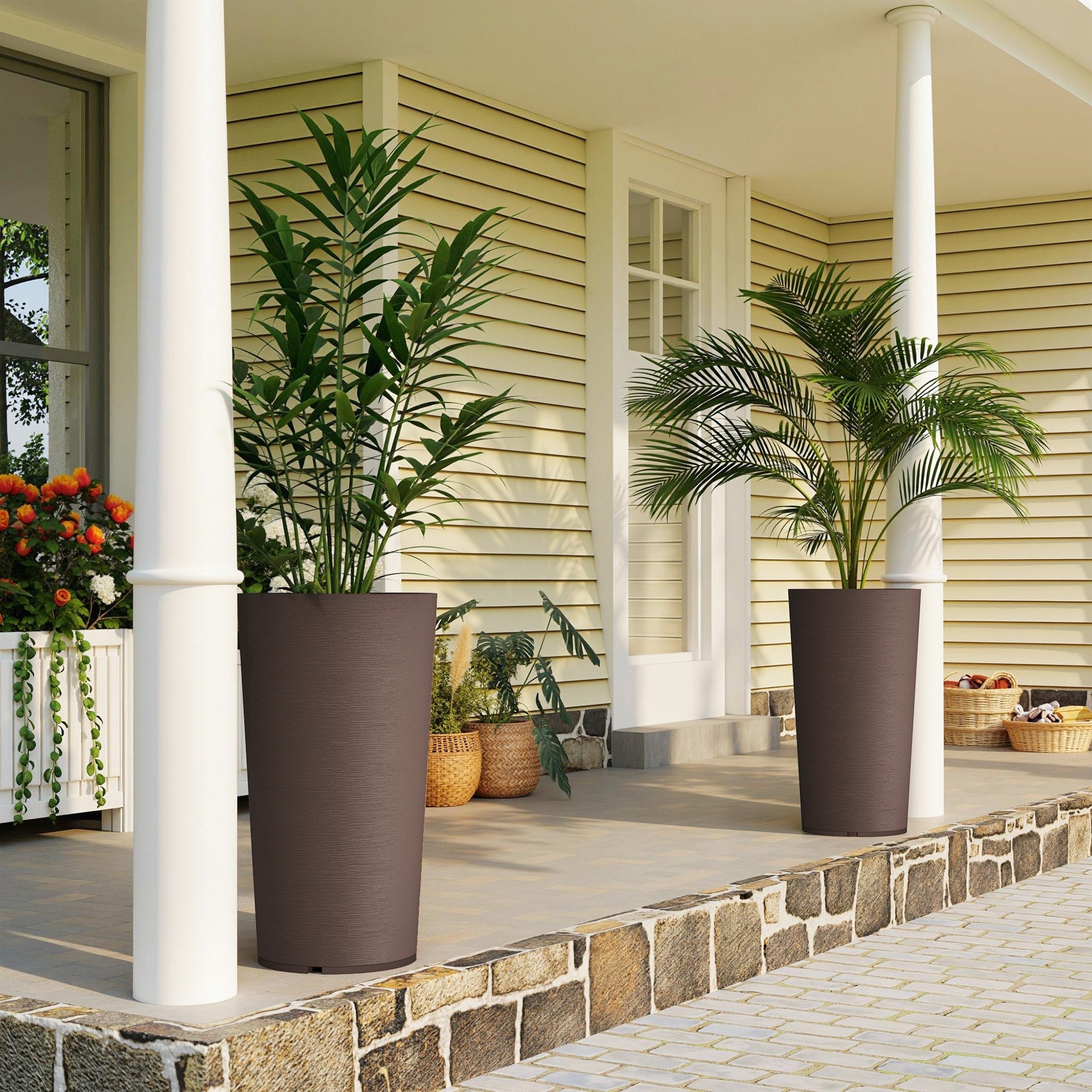 Outsunny 29 Inch Tall Planters For Outdoor Plants Set Of 2 Plastic Flower Pots With Diy Drainage Holes