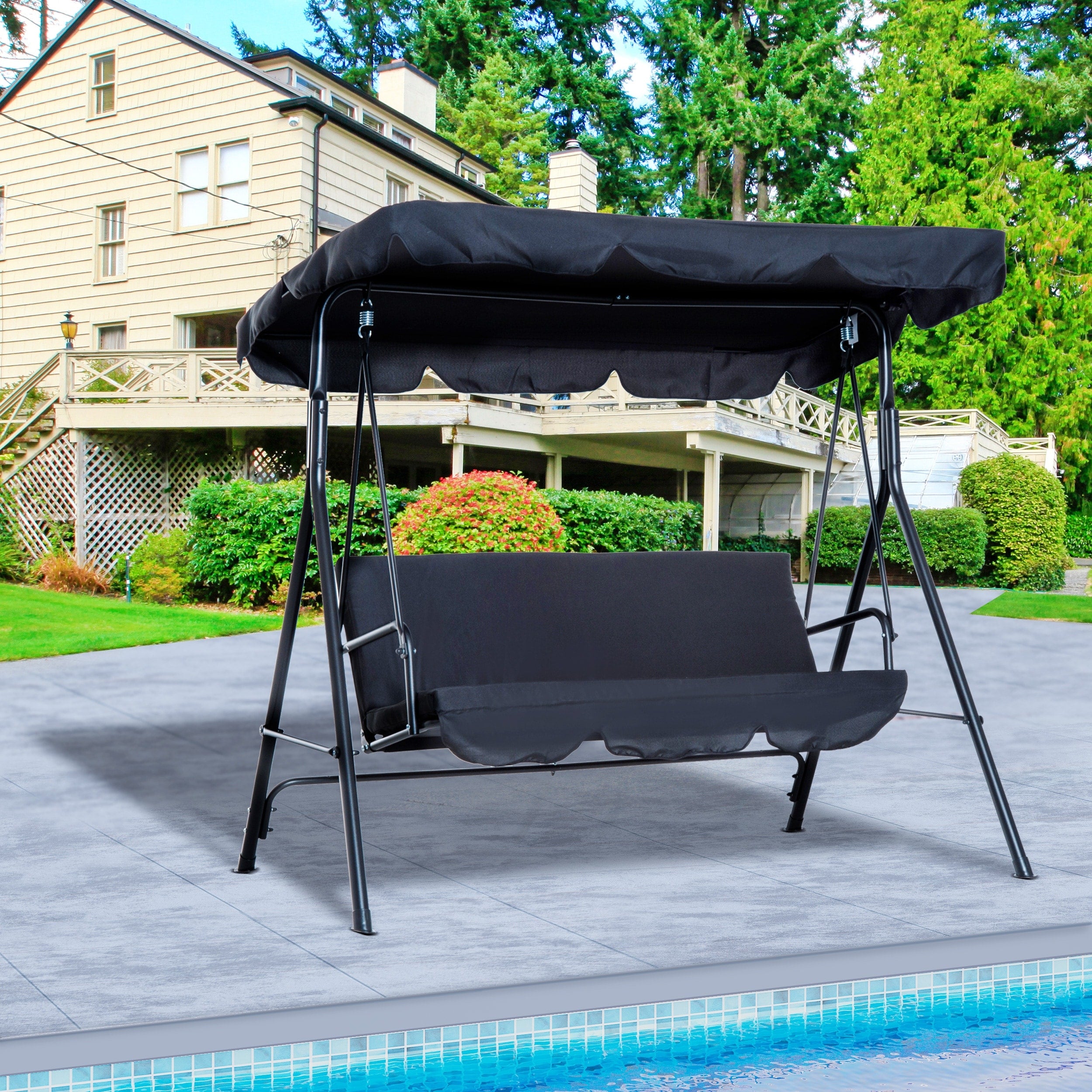 Outsunny 3 Person Steel Fabric Outdoor Porch Swing Canopy With Stand Black