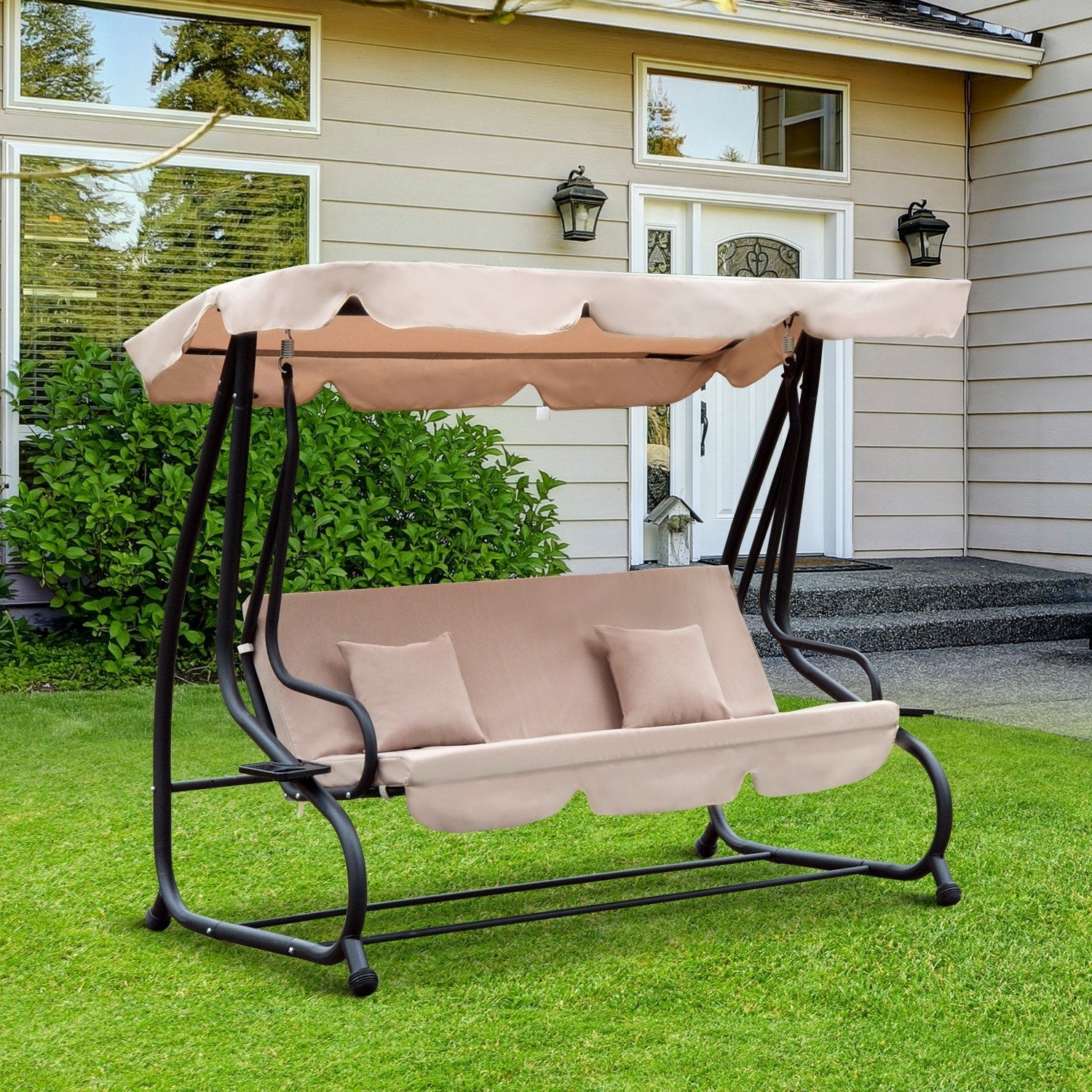 Outsunny 3 Seat Outdoor Free Standing Covered Swing Bench Beige