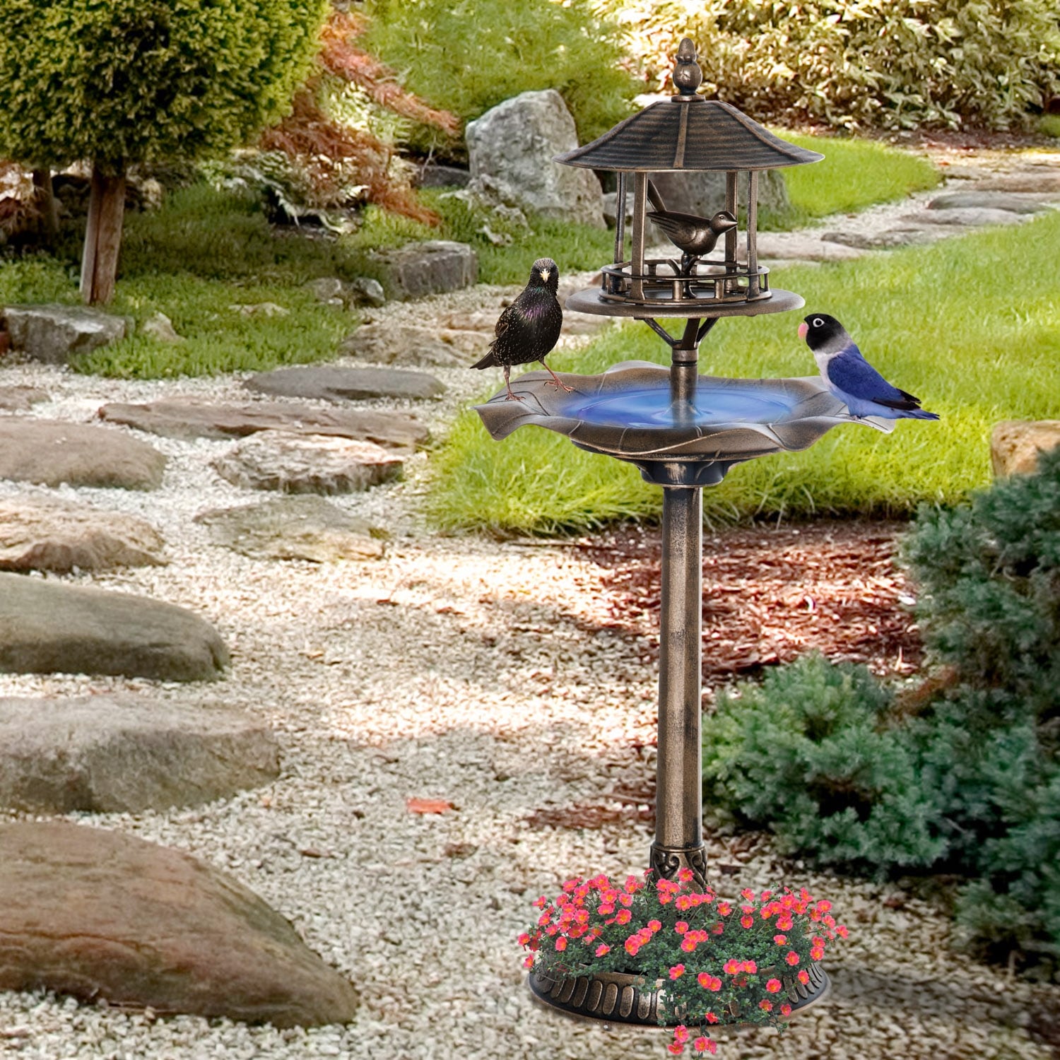 Outsunny Bronze Resin 3 In 1 Freestanding Garden Pedestal Birdbath Bowl Feeder Planter
