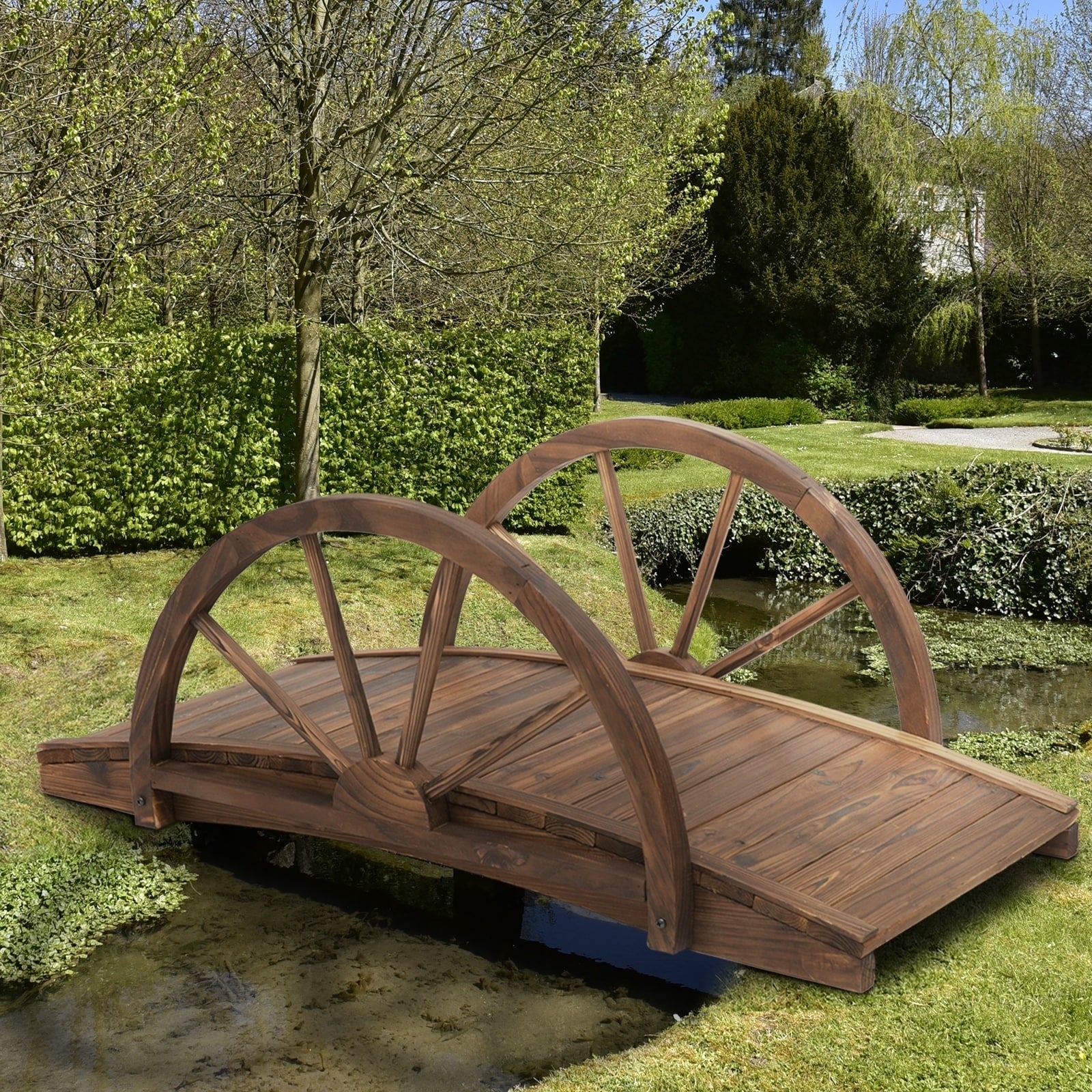 Outsunny 3.3Ft Wooden Garden Bridge Arc Stained Finish Walkway With Half Wheeled Railings Stained Wood