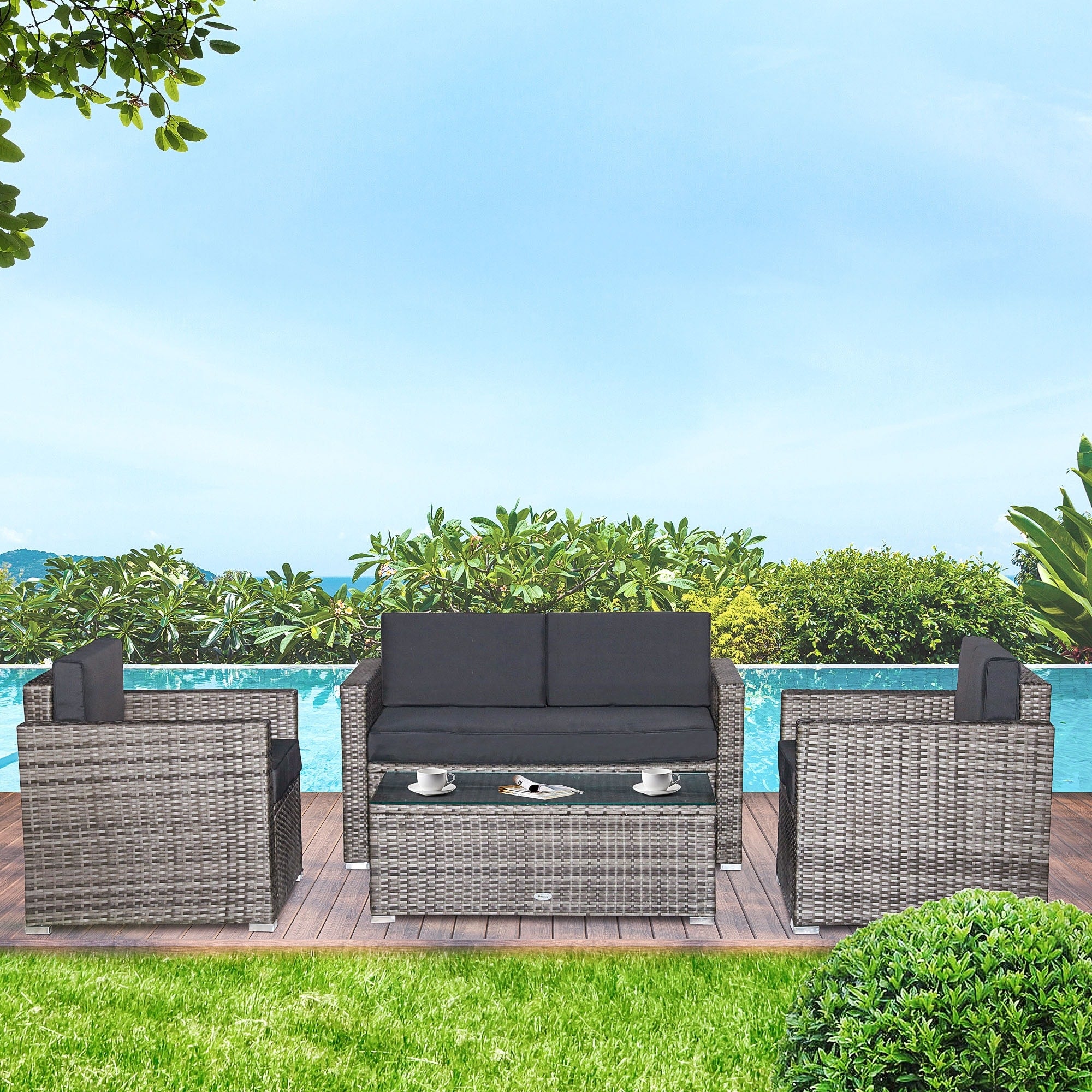 Outsunny 4 Piece Cushioned Patio Furniture Set With 2 Chairs Sectional And Glass Coffee Table Rattan Wicker Black