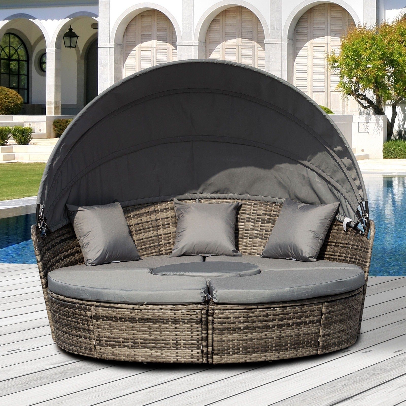 Outsunny 5 Piece Cushioned Outdoor Rattan Wicker Round Sunbed Or Conversational Sofa Set With Sun Canopy
