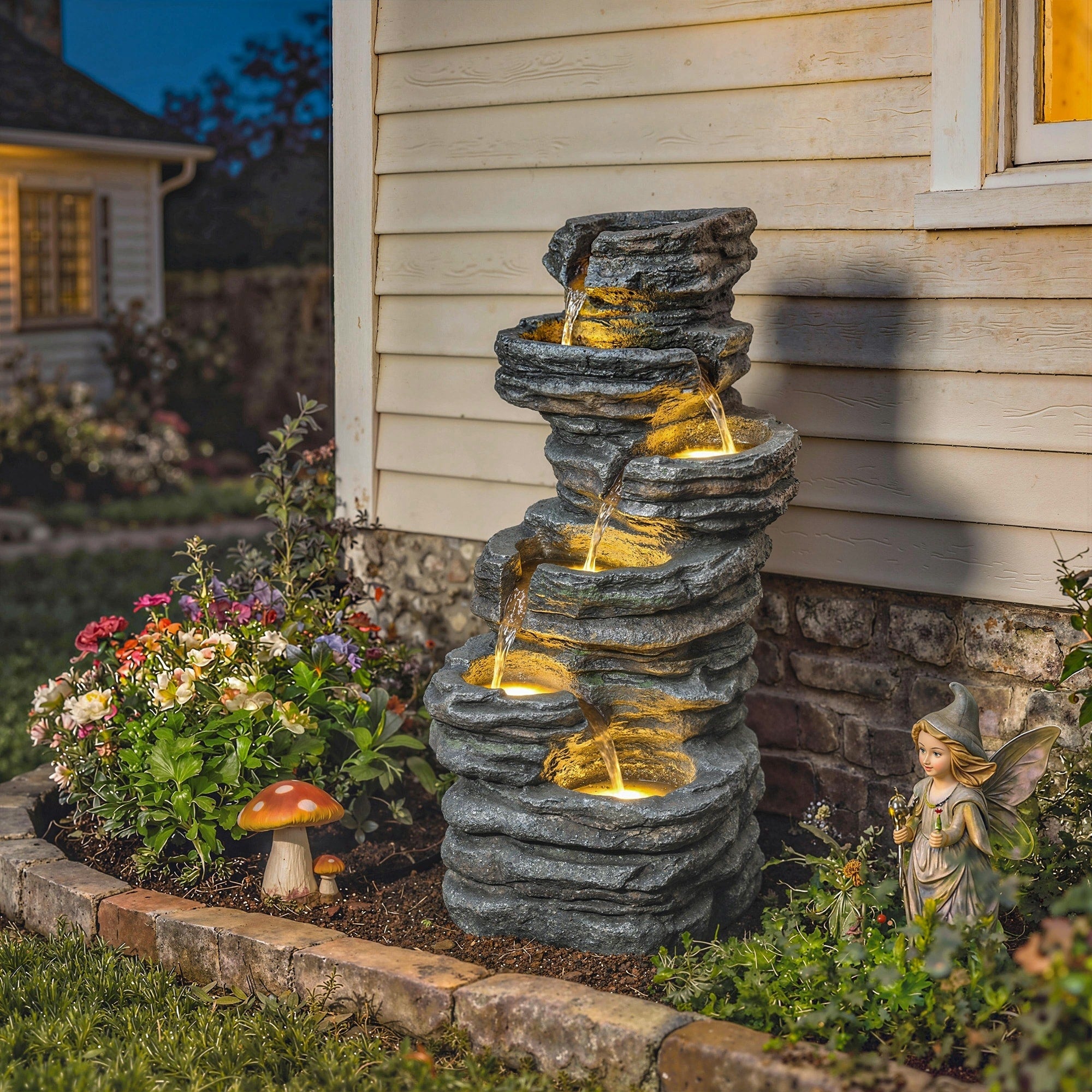 Outsunny 40 Tall Outdoor Waterfall Fountain With Led Lights 6 Tier Cascading Waterfall Feature With Pump