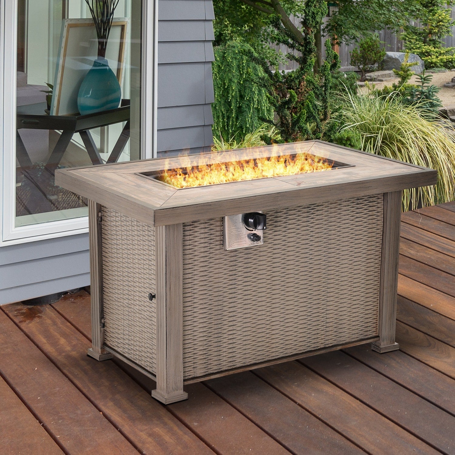 Outsunny 42 50 000 Btu Outdoor Patio Backyard Gas Fire Pit Table With Beautiful Slate Tabletop Wicker Design
