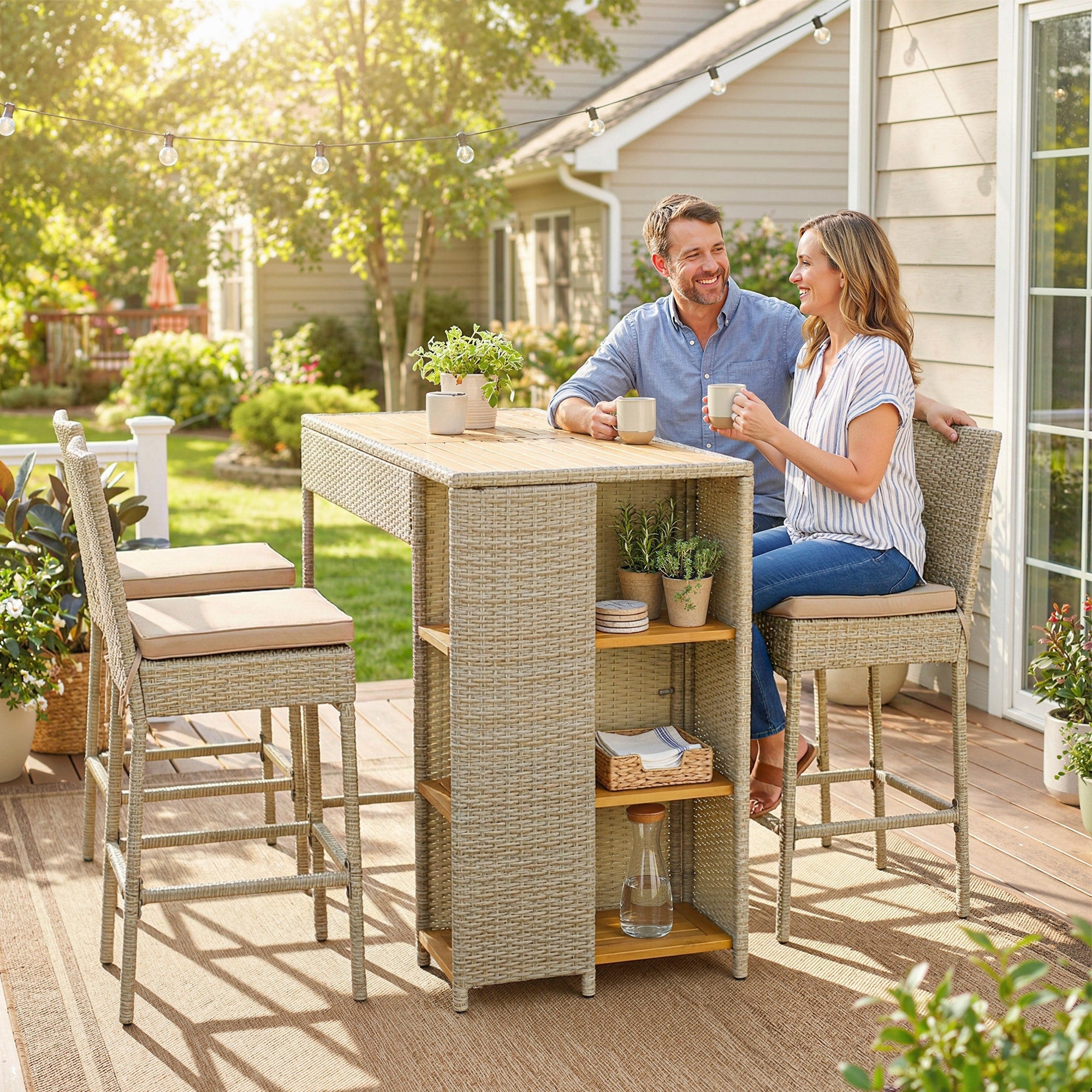 Outsunny 5 Piece Outdoor Bar Set 3 Tier Storage Wicker Outdoor High Top Table And Chairs