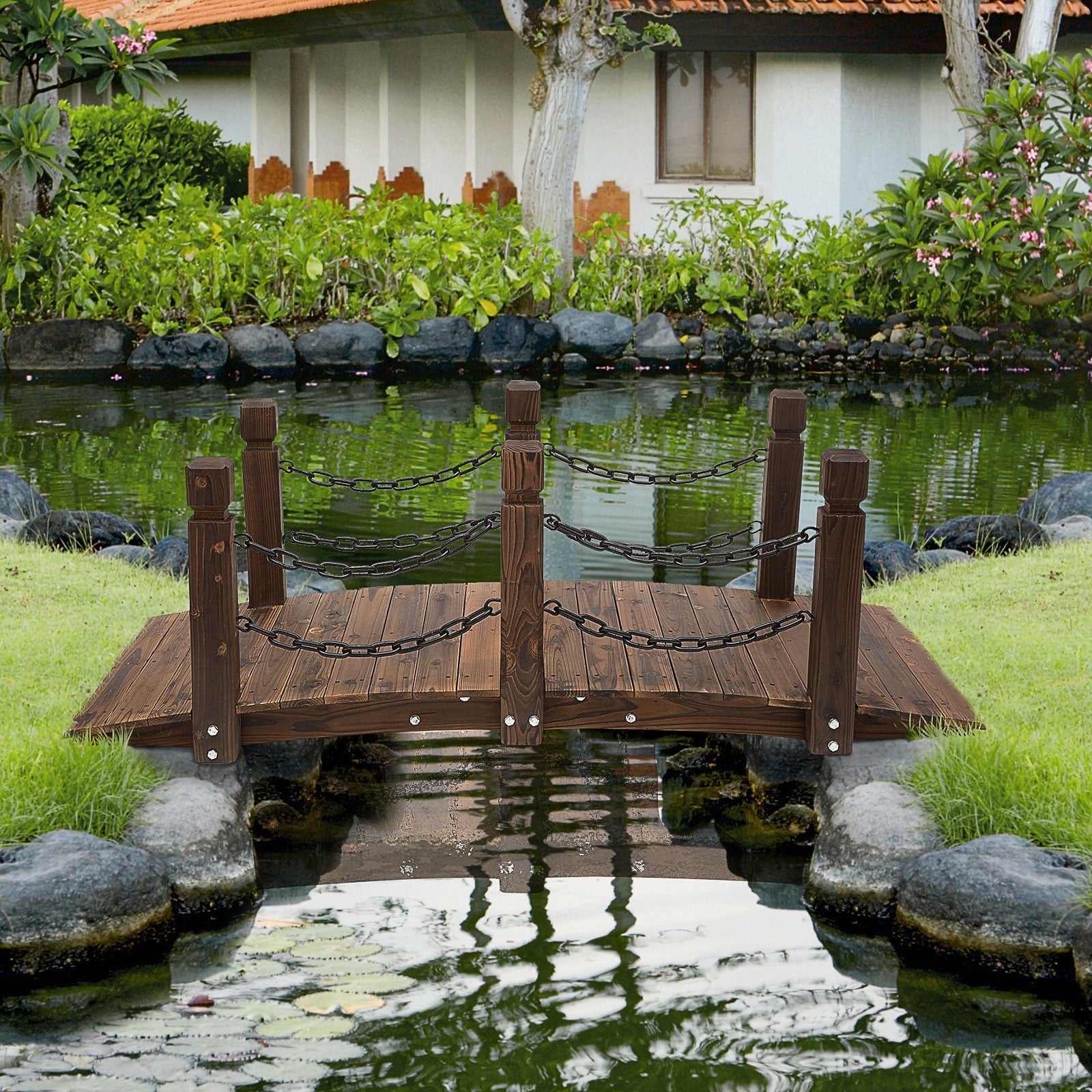 Outsunny 5Ft Wooden Garden Bridge Arc Stained Finish Walkway With Chain Railings Stained Wood