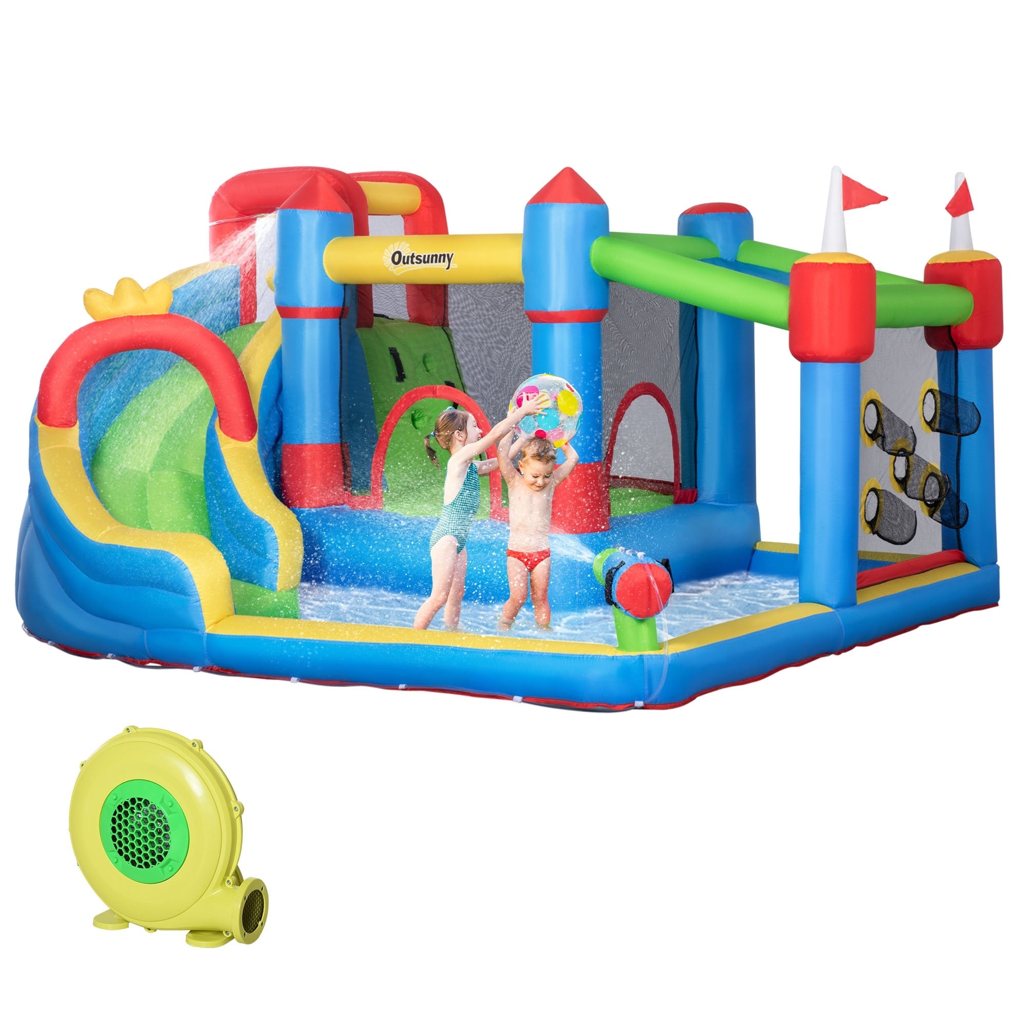 Outsunny 6 In 1 Inflatable Bounce House With Slide Climbing Wall Inflatable Water Slide For Kids With 2 Min