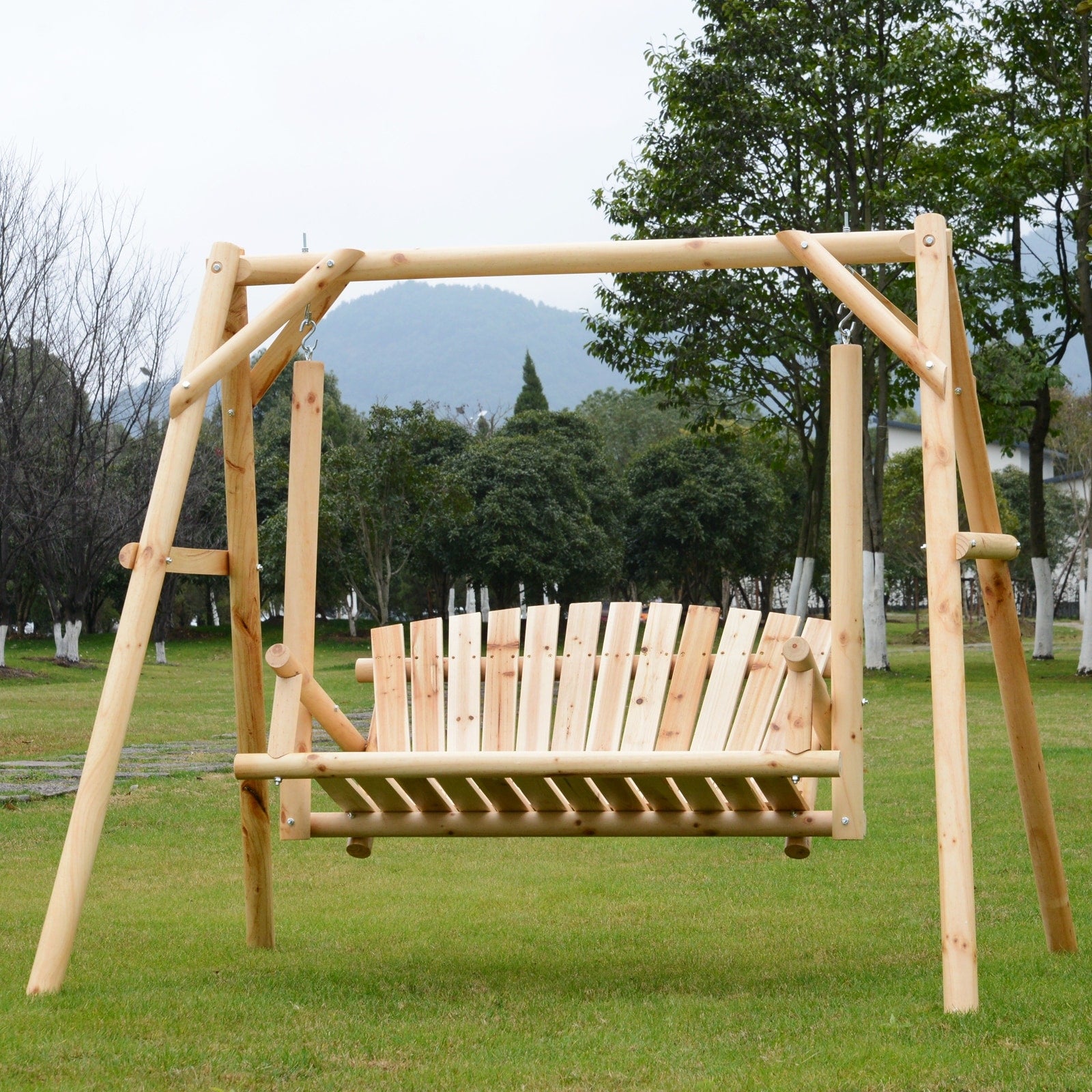 Outsunny 6.5 Outdoor Rustic Loveseat 2 Person Freestanding Solid Wood Natural Log Garden Swing