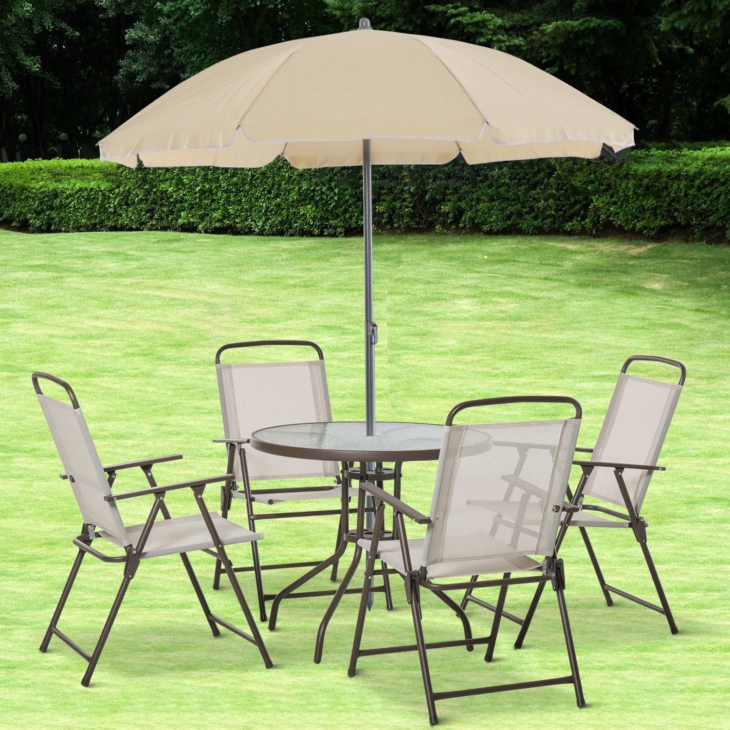Outsunny 6Pc Patio Dining Furniture Set With Included Umbrella 4 Folding Dining Chairs A Glass Top Dinner Table