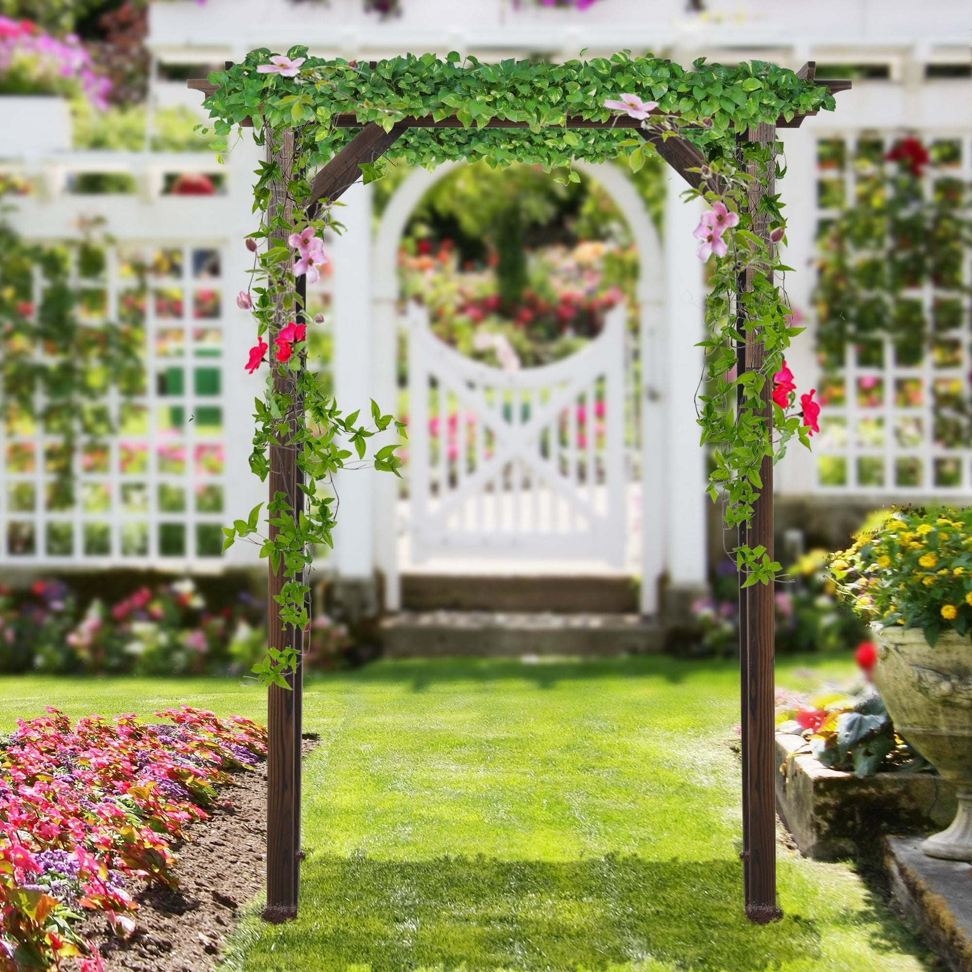 Outsunny 7 Wood Steel Outdoor Garden Pergola Style Arbor Arch Trellis Natural Wood