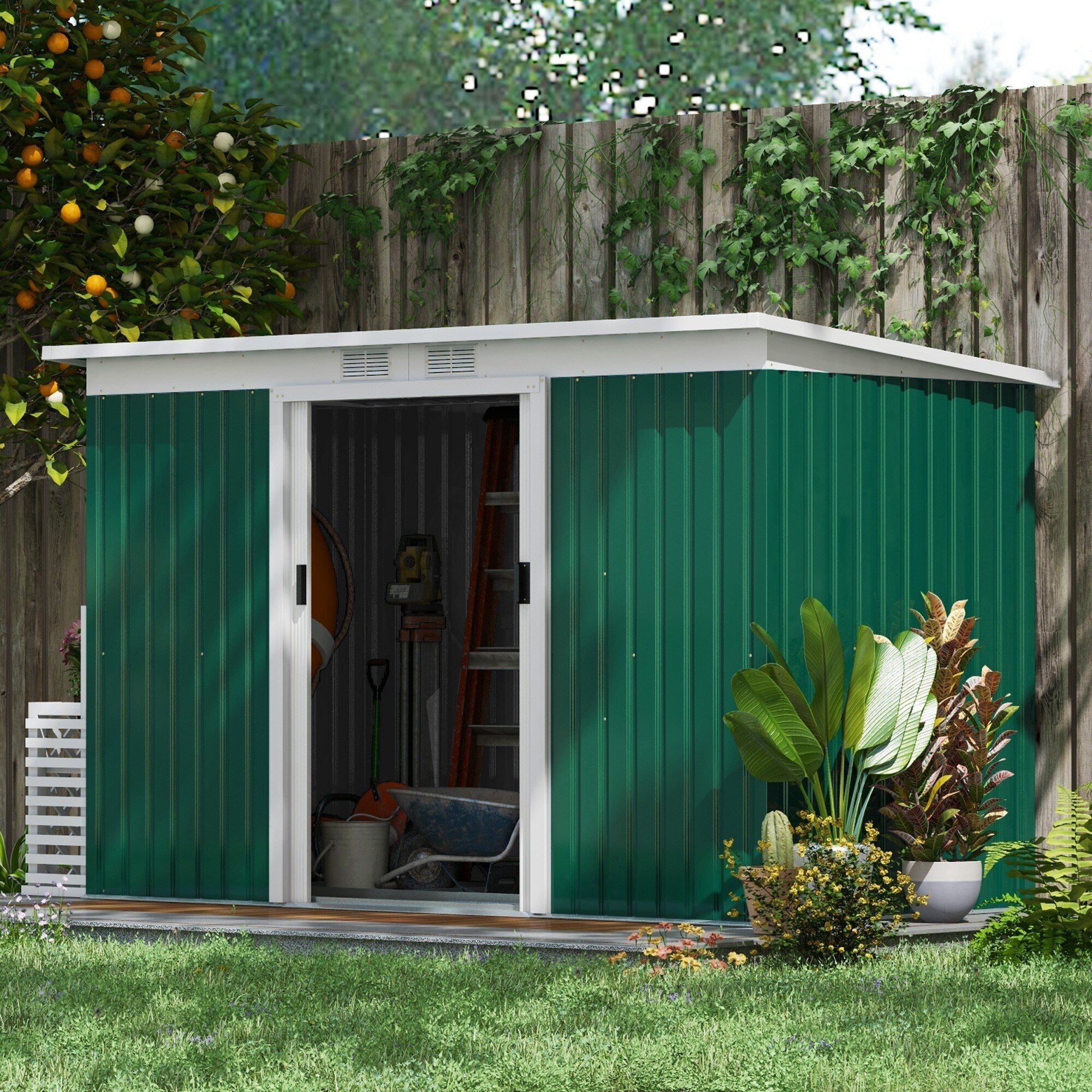 Outsunny Outdoor Green White Metal 9 X 4 Garden Storage Shed