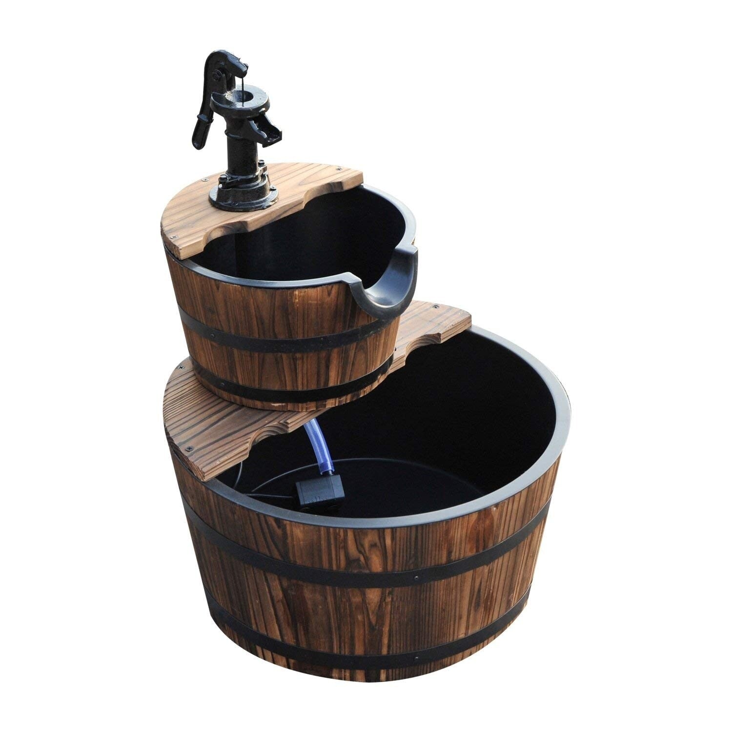 Outsunny Accent Two Tier Rustic Wooden Barrel Fountain