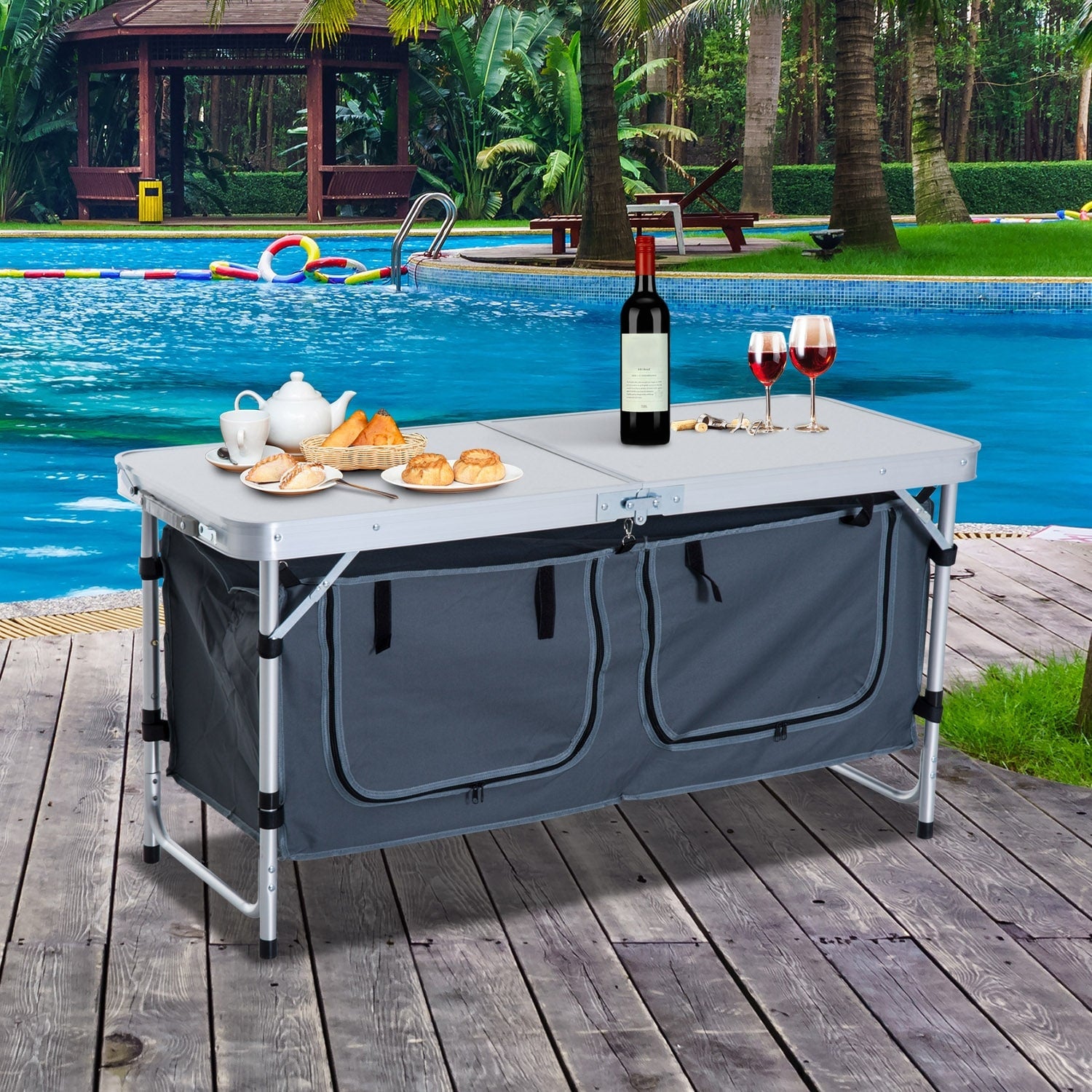 Outsunny Aluminum Folding Camp Table With Carrying Handle And Storage Organizer
