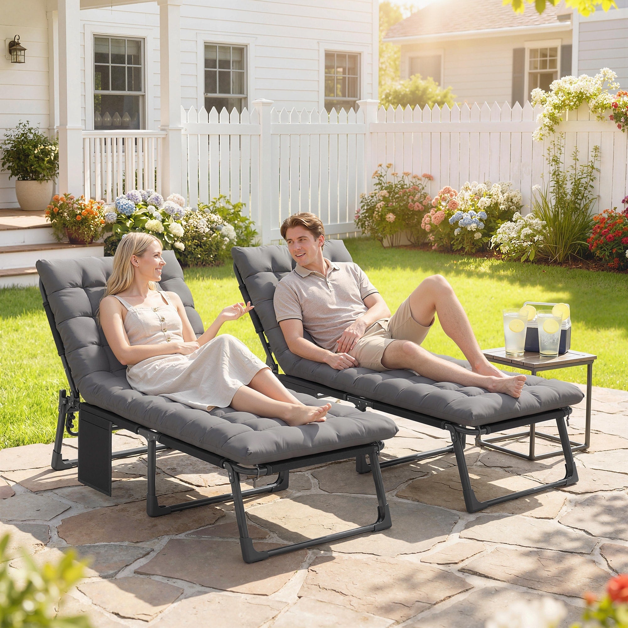 Outsunny Chaise Lounge Chair Outdoor Set Of 2 5 Position Reclining Pool Lounge Chairs With Cushions Side Pocket