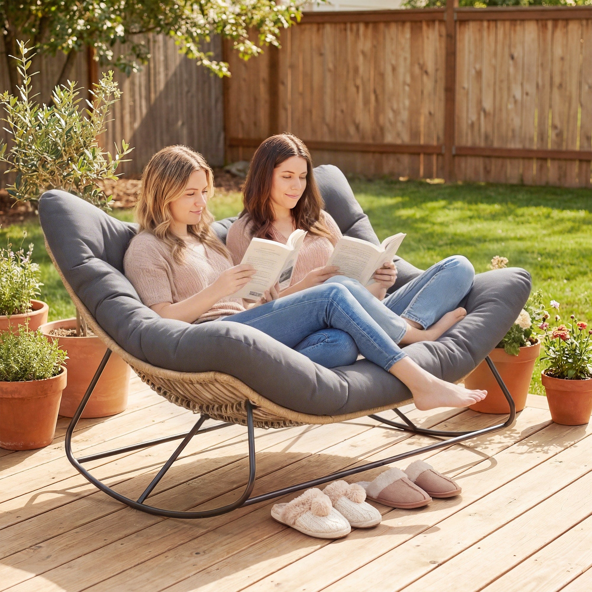 Outsunny Double Papasan Rocking Chair Wicker Oversized Indoor Outdoor Rocking Chair With Cushion