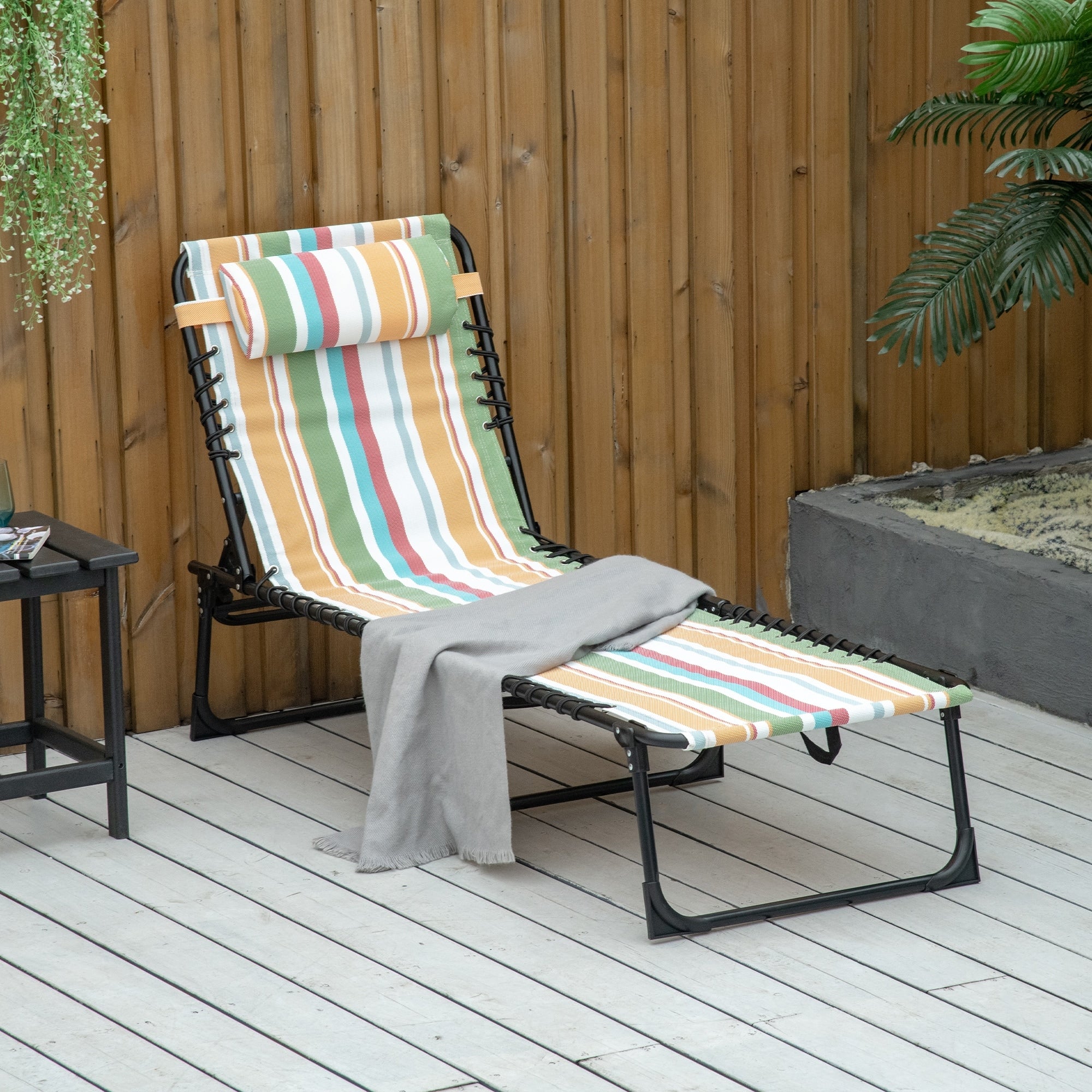 Outsunny 3 Position Portable Reclining Beach Chaise Lounge Folding Chair Outdoor Patio Cream White