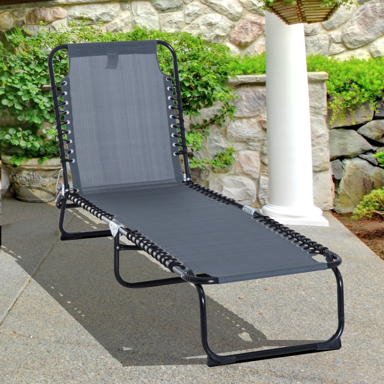 Outsunny 3 Position Portable Reclining Beach Chaise Lounge Folding Chair Outdoor Patio Grey