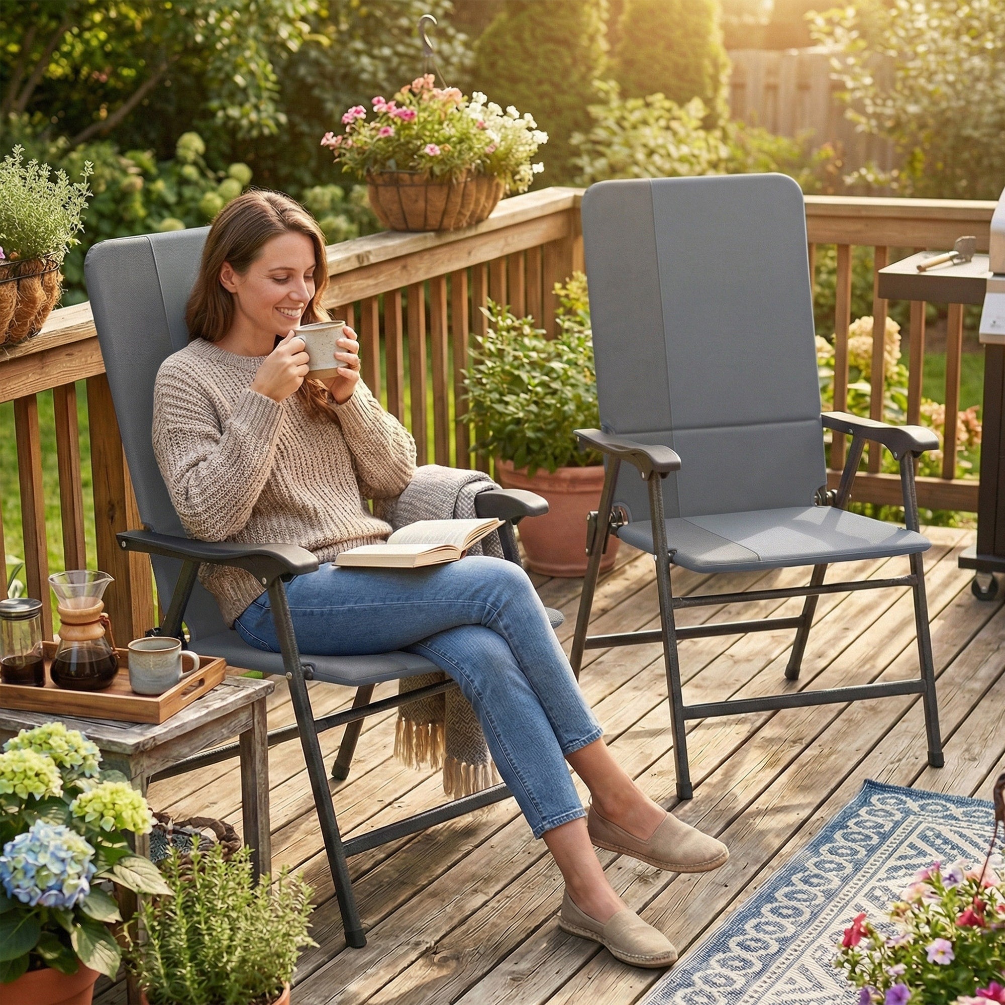 Outsunny Folding Patio Chairs Set Of 2 Padded High Back Folding Lawn Chairs With Armrests 600D Oxford Fabric