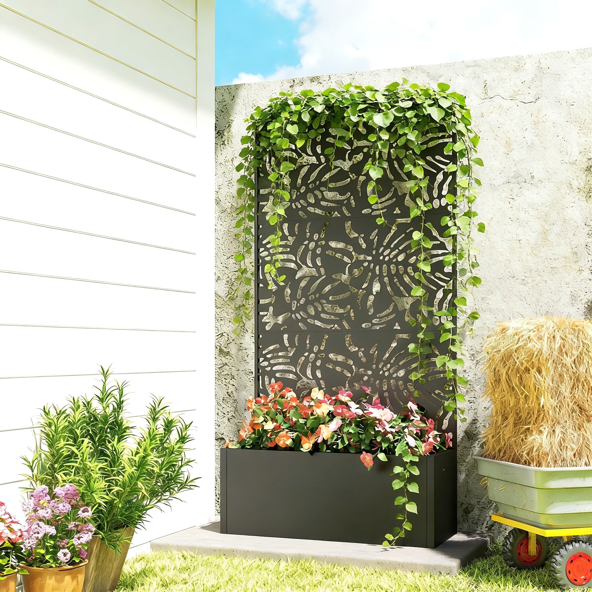 Outsunny Metal Planter Box With Trellis 71 Tall Raised Garden Bed With Trellis Privacy Screen And Drainage Holes