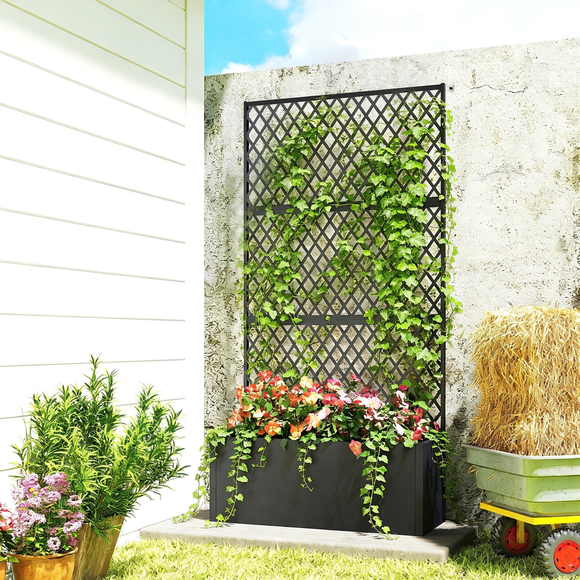 Outsunny Metal Planter Box With Trellis Raised Garden Bed With Trellis Privacy Screen And Drainage Holes For Climbing Plants