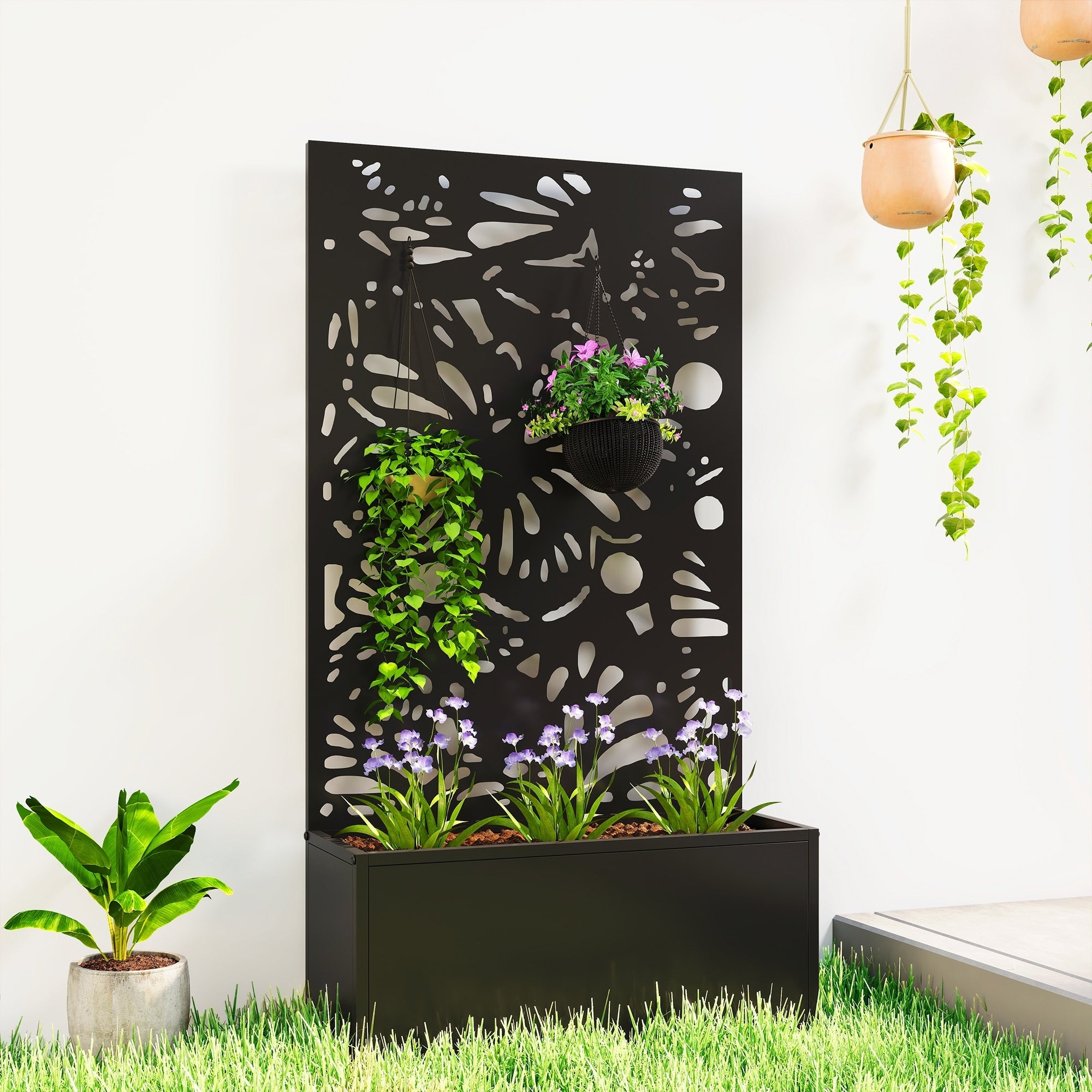 Outsunny Metal Raised Garden Bed With Trellis For Climbing Plants Freestanding Or Wall Mounted Flower Bed With Privacy Panel