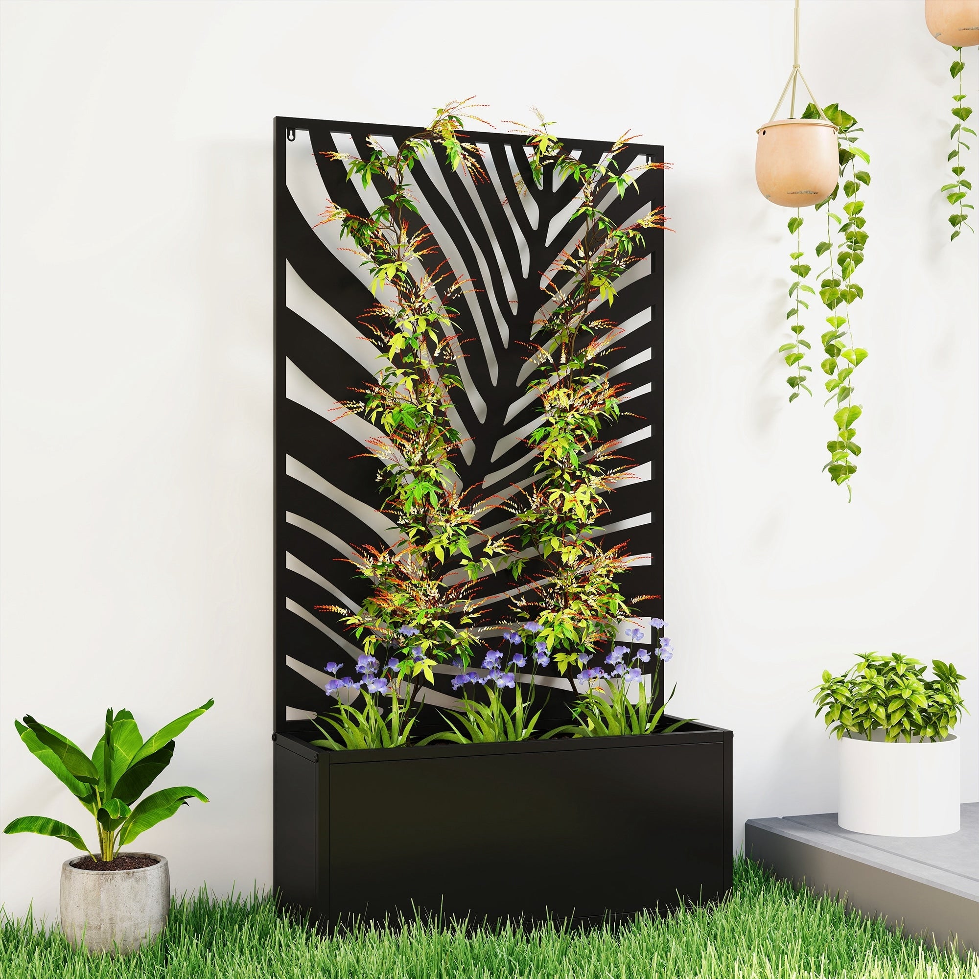 Outsunny Metal Raised Garden Bed With Trellis For Climbing Plants Freestanding Or Wall Mounted Flower Bed With Privacy Panel