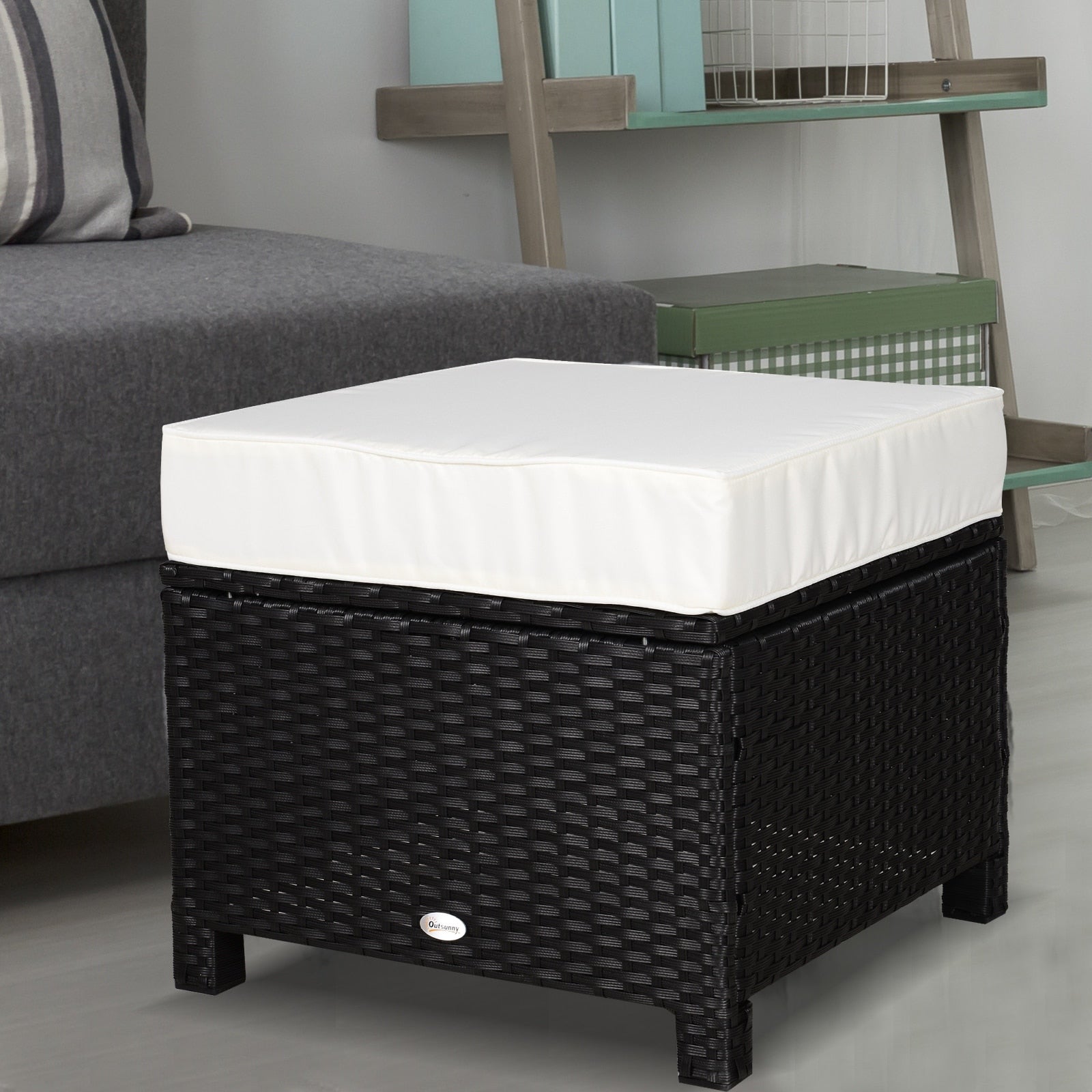 Outsunny Modern Rectangle Rattan Wicker Ottoman Footrest With Removable Cushion And Modern Design For Outdoor Indoor Use