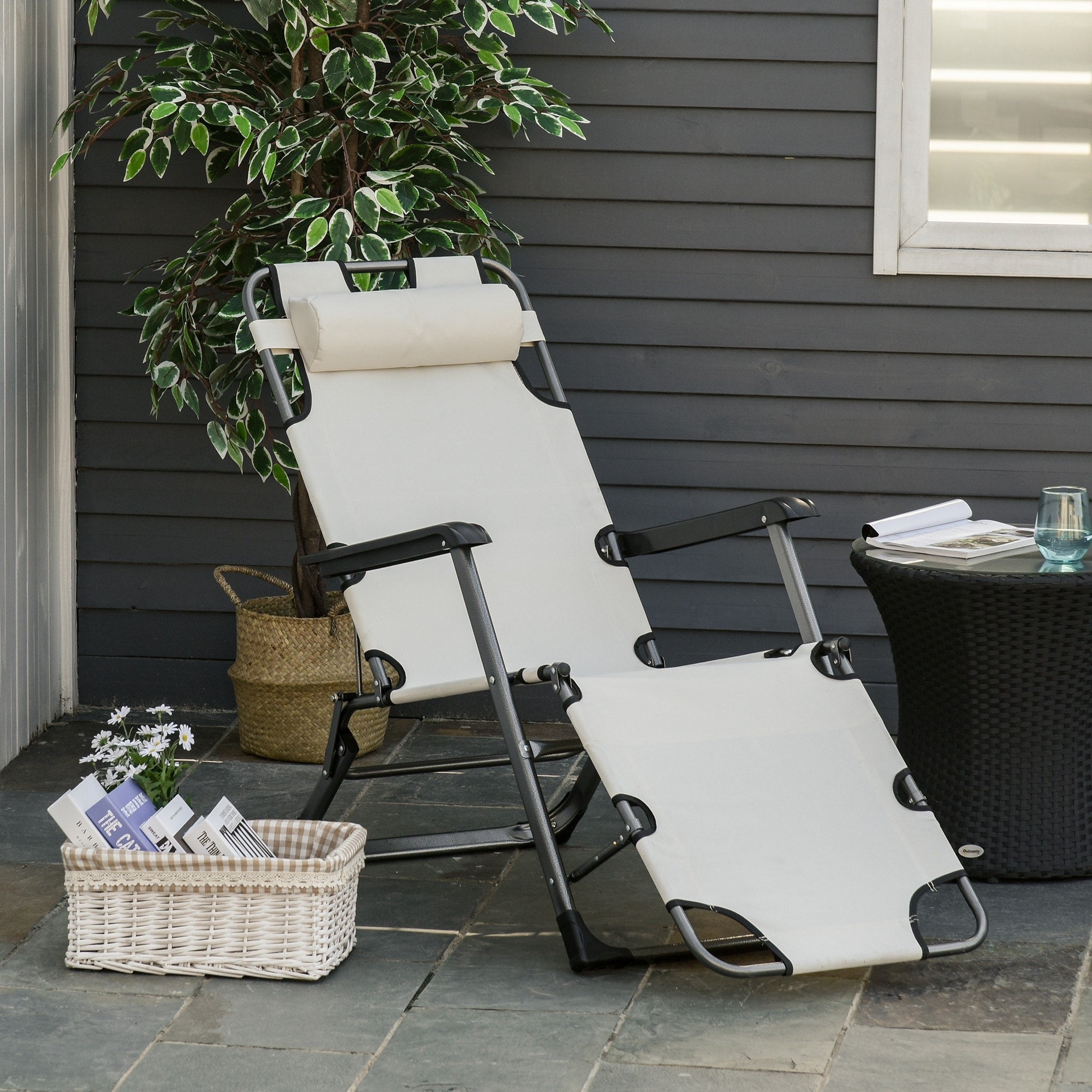 Outdoor Metal Frame Pool Sun Lounger Reclining Chair