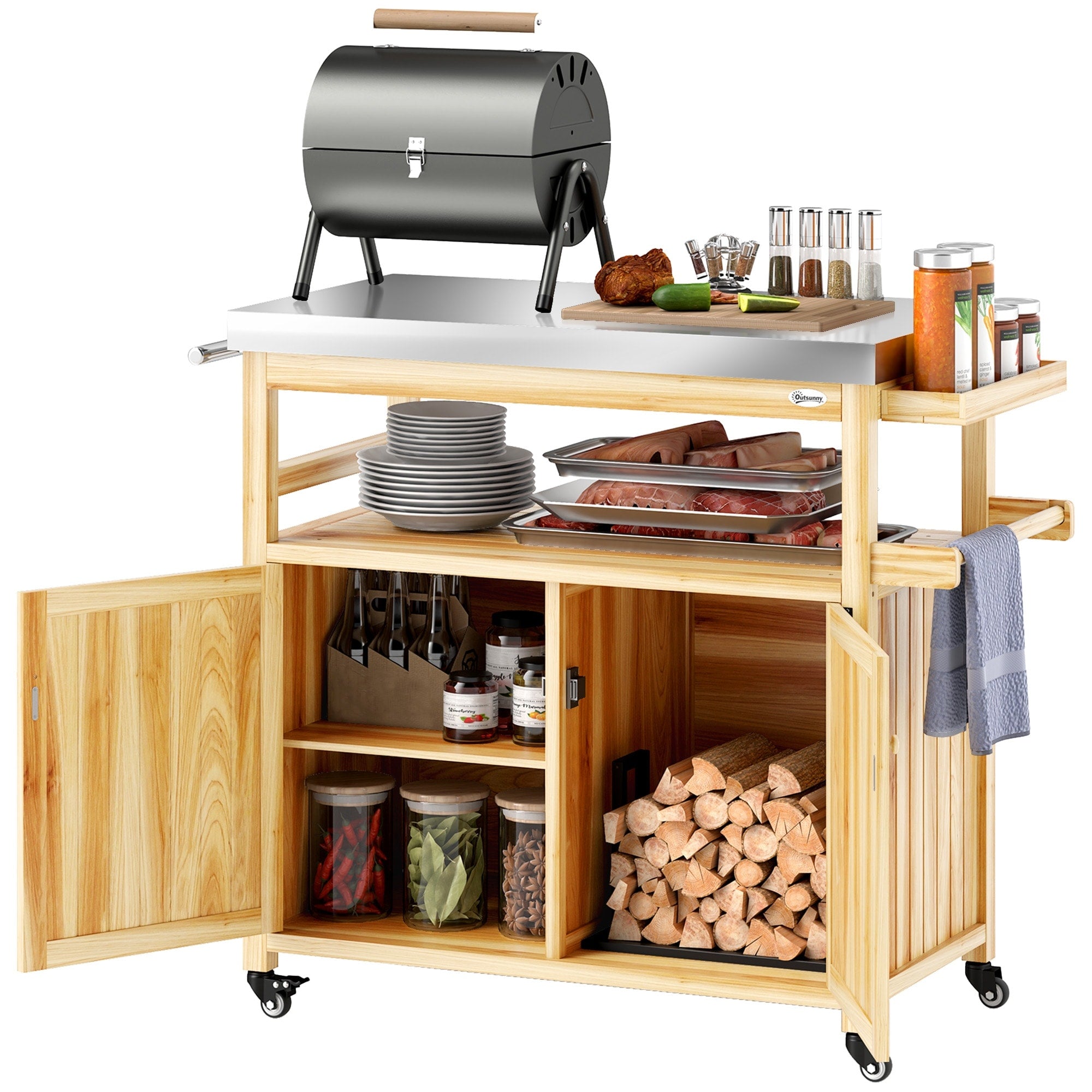 Outsunny Outdoor Grill Cart With Stainless Steel Top Storage