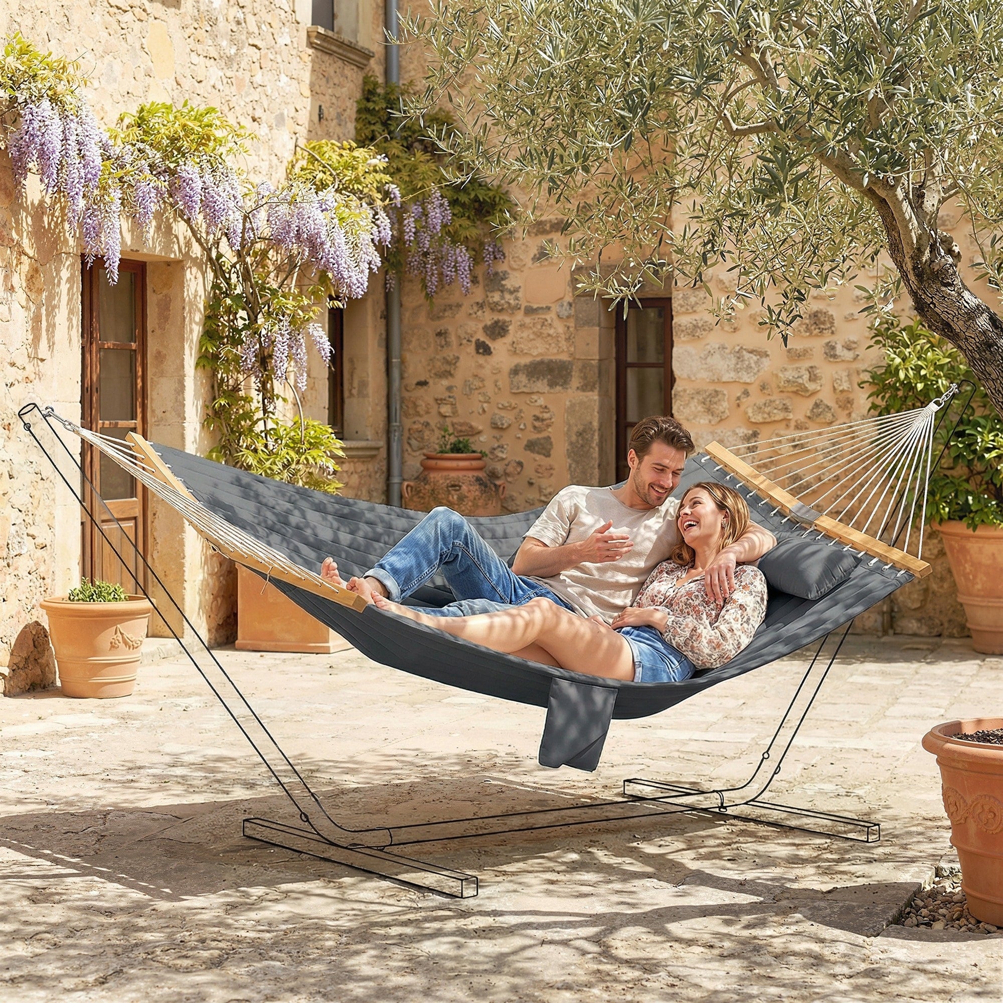 Outsunny Outdoor Hammock 2 Person Hammock With Head Pillow And Pad Wood Spreader Bars 440 Lbs Capacity