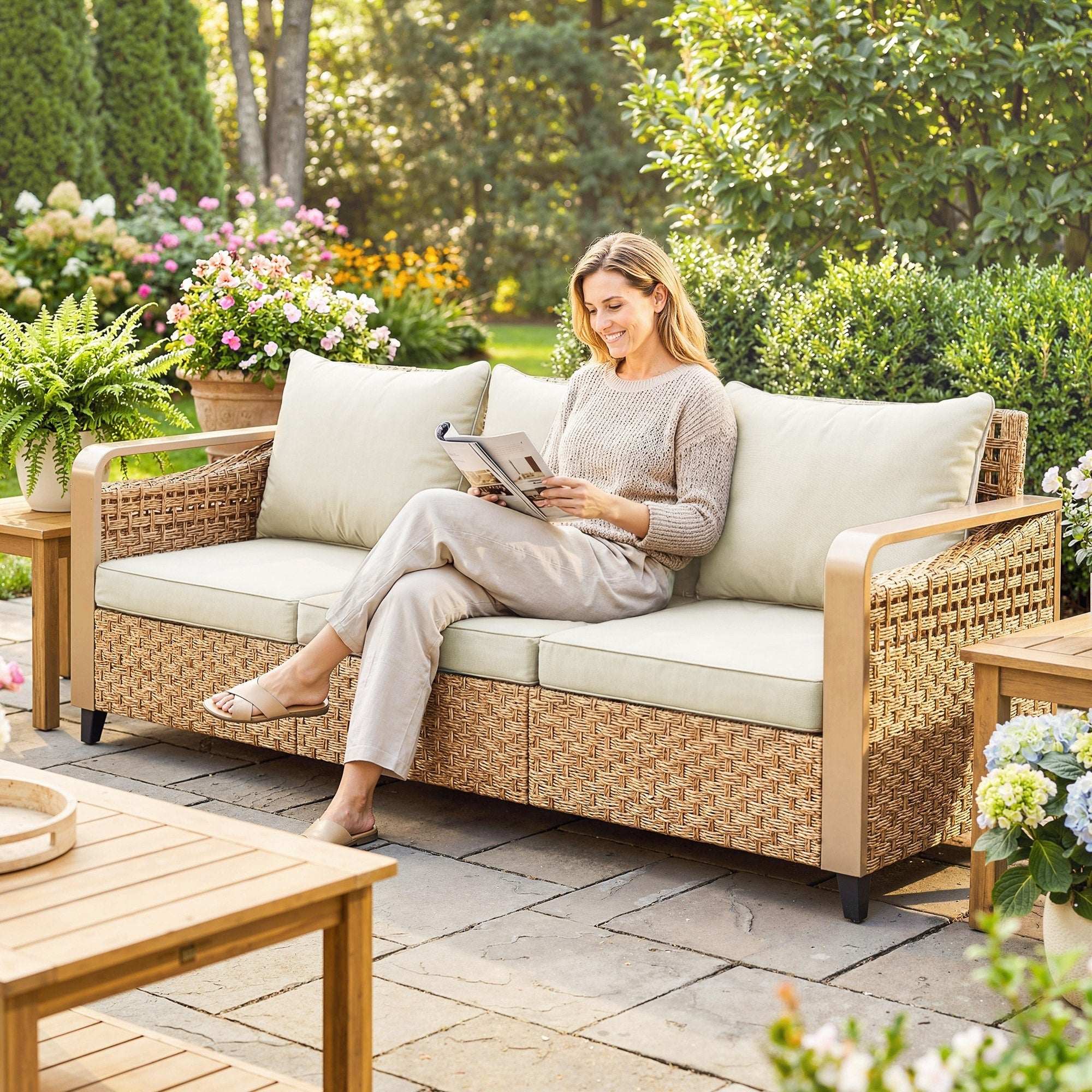 Outsunny Outdoor Patio Couch With Wide And Deep Seat 3 Seater Wicker Outdoor Sofa With Wide Metal Armrests