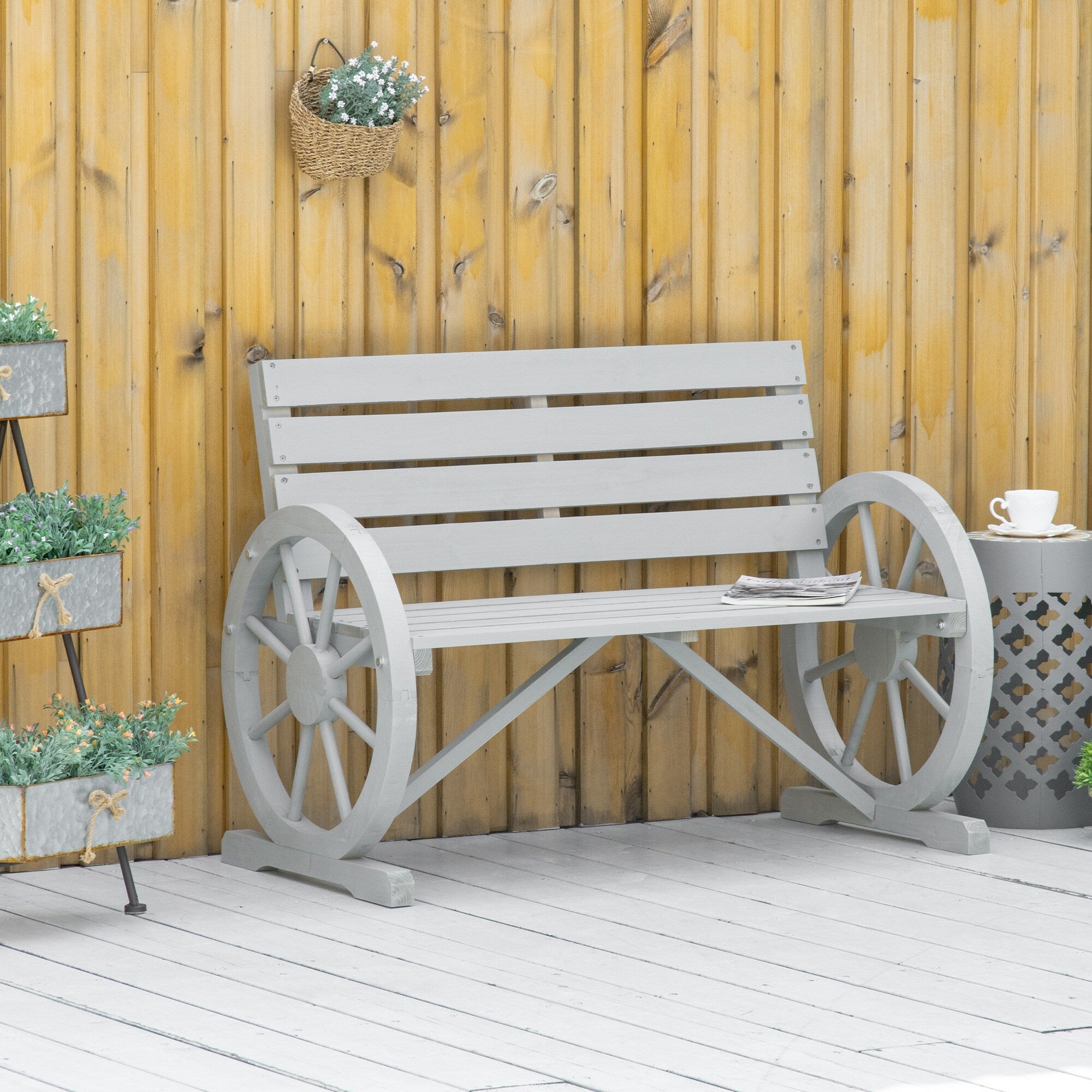 Outsunny Rustic Wood Outdoor Patio Wagon Wheel Wooden Bench Seat