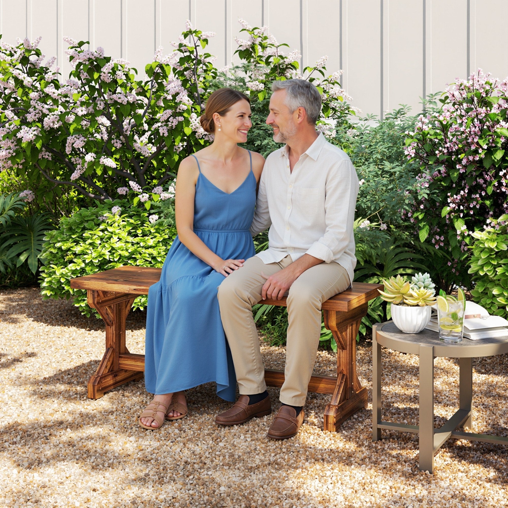 Outsunny Outdoor Wooden Bench 2 Person Rustic Patio Garden Bench Seat Backless Outdoor Loveseat