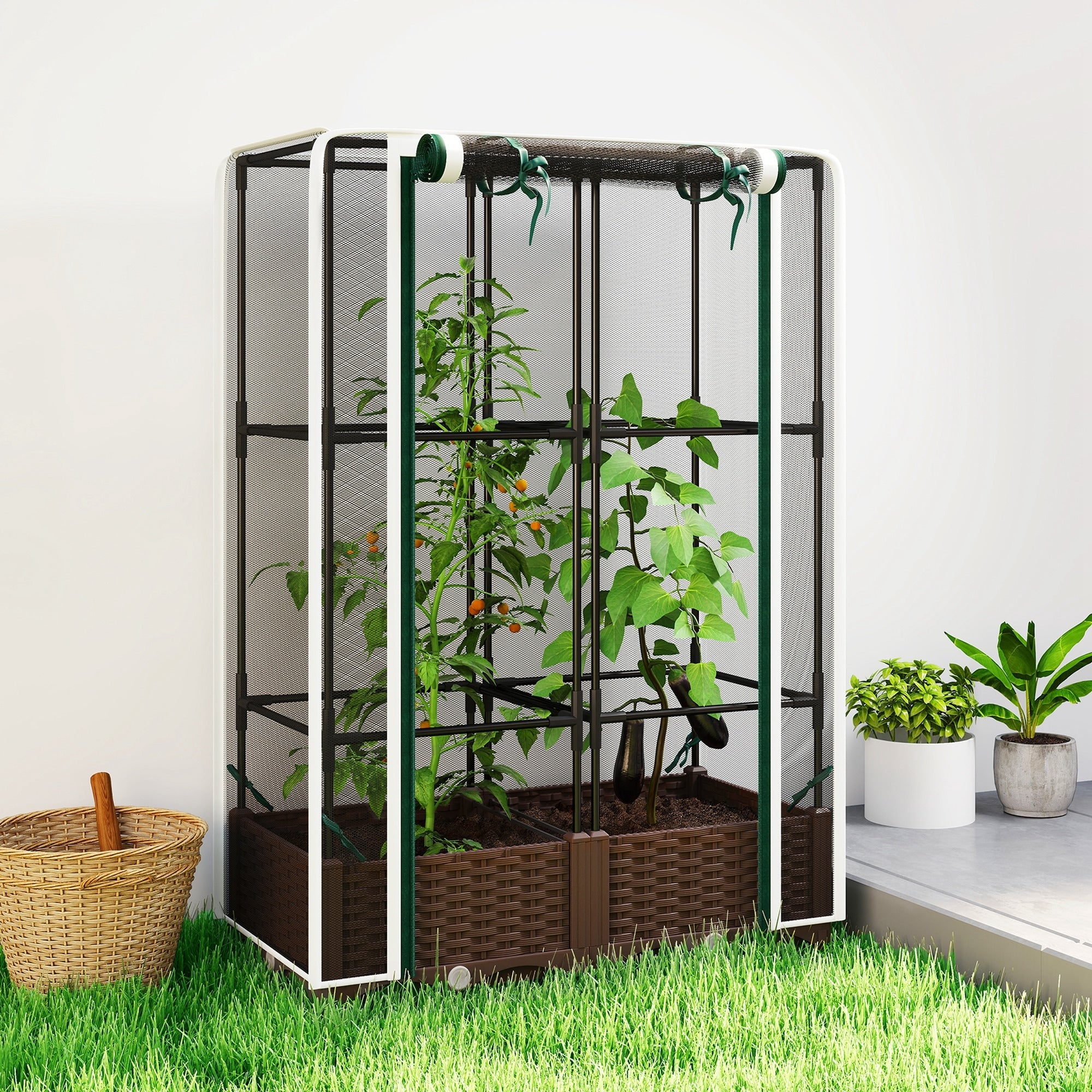 Outsunny Raised Garden Bed With Trellis Tomato Cage With Crop Cage Self Watering Planter Box With Drainage Holes And Plugs