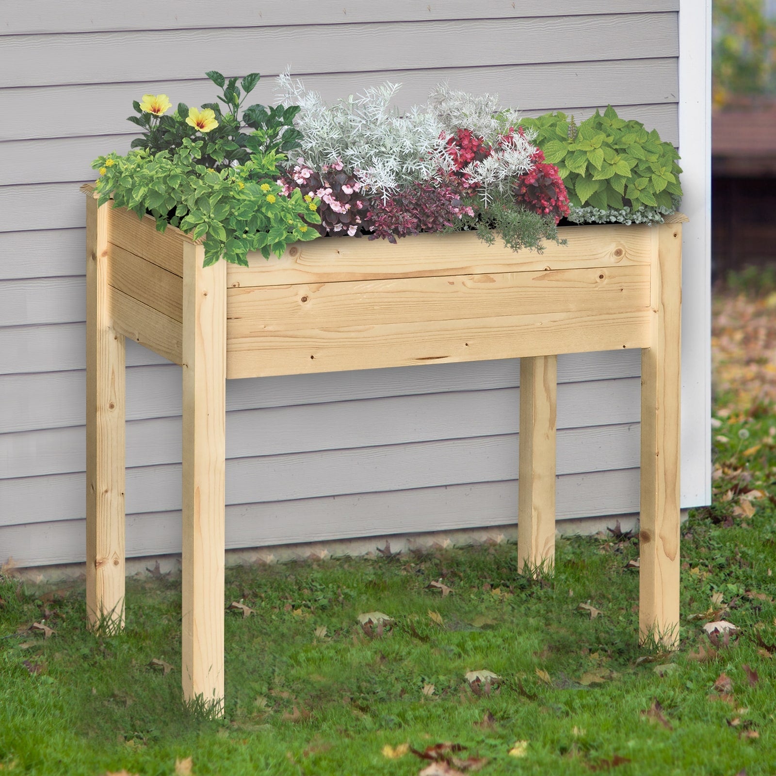 Outsunny Raised Wooden Garden Bed Planter Stand With Inner Bag Perfect For Limited Garden Space To Grow Herbs Flowers