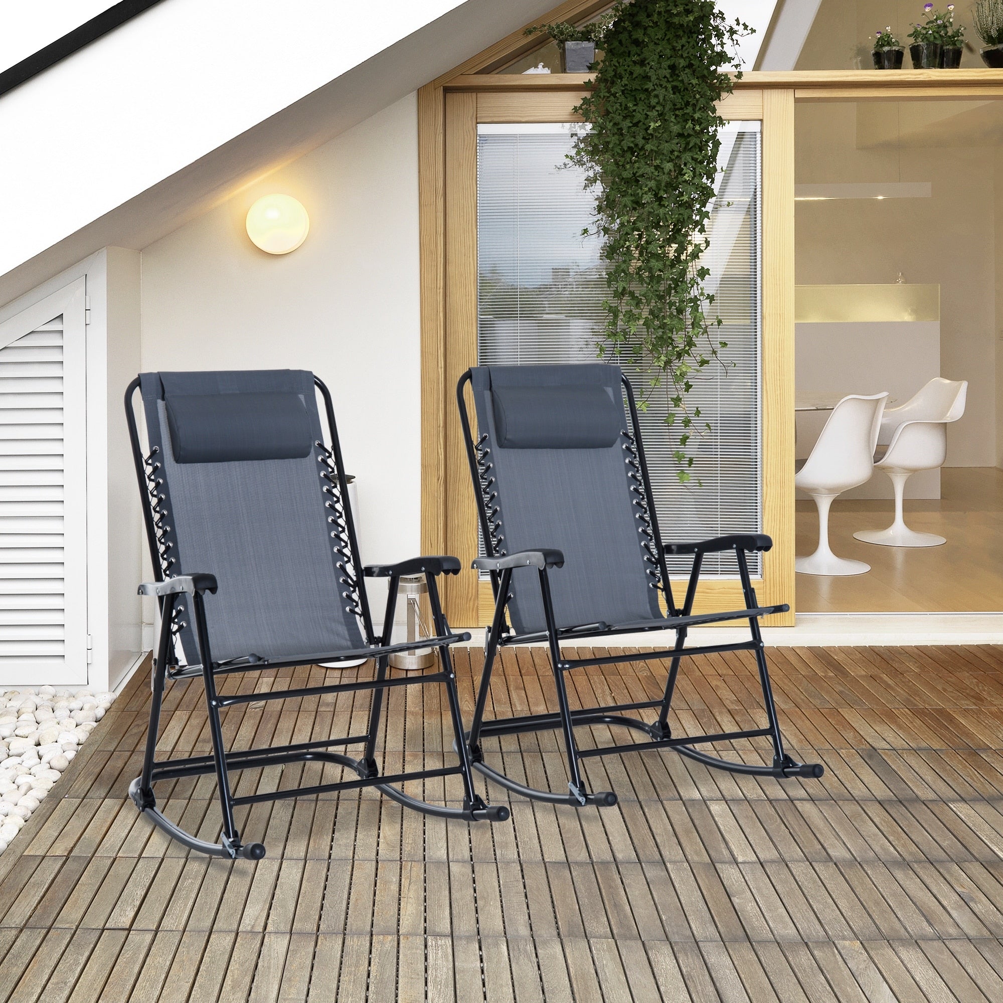 Outsunny Grey Mesh Fabric Outdoor Patio Folding Rocking Chair Set