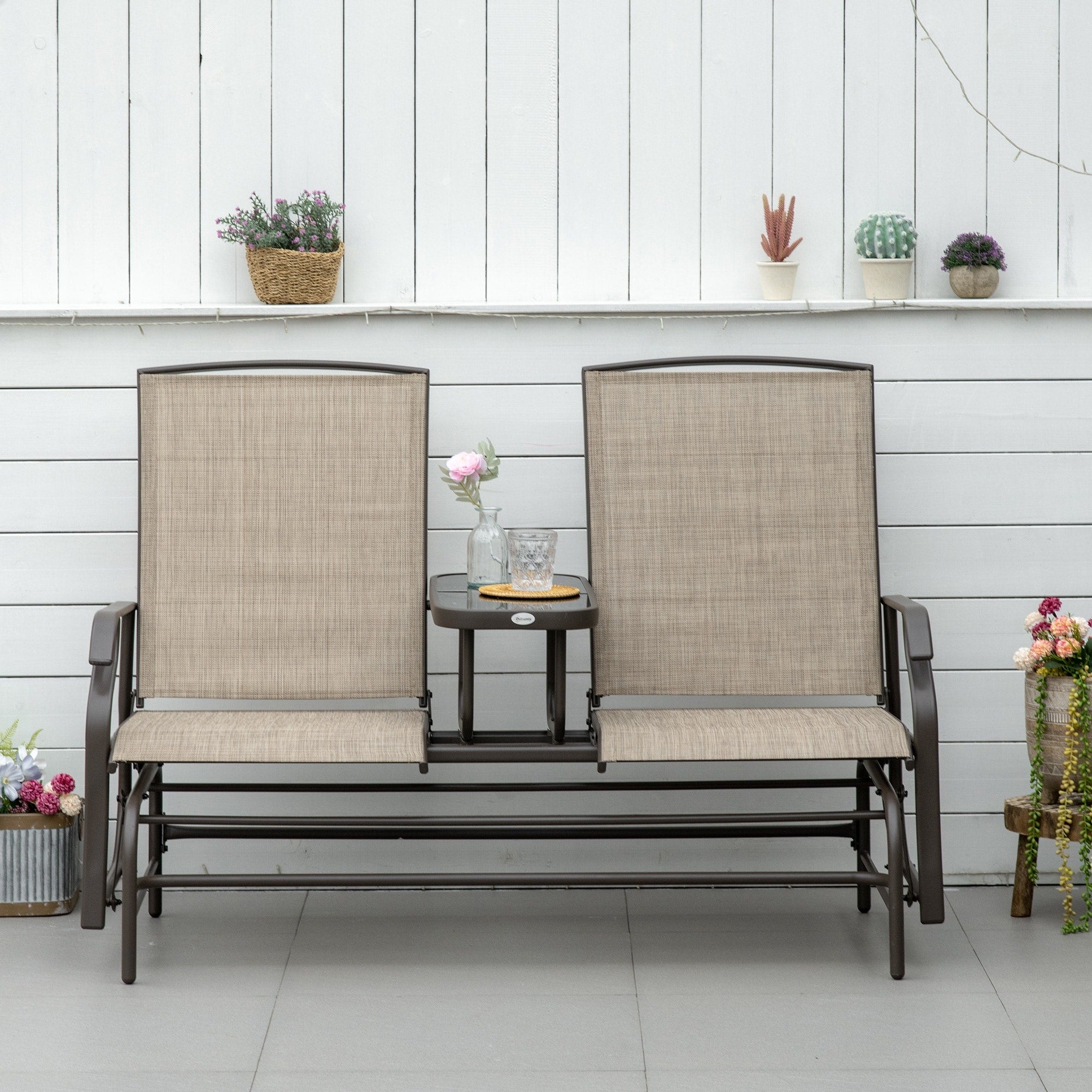 Outsunny Two Person Outdoor Mesh Fabric Patio Double Glider Chair With Center Table