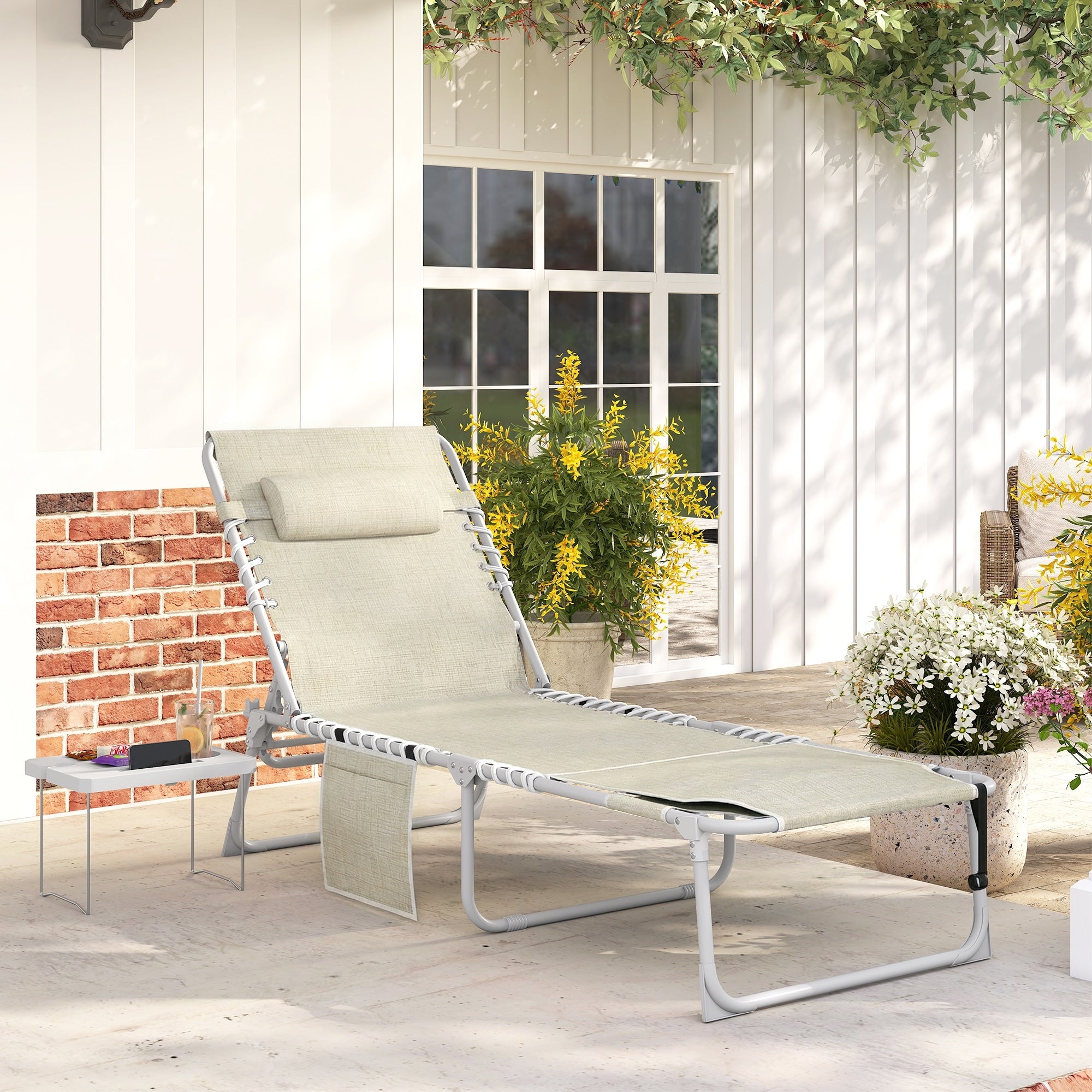 Outsunny Tanning Chair With Face Hole Side Table 5 Position Reclining Folding Chaise Lounge Chair