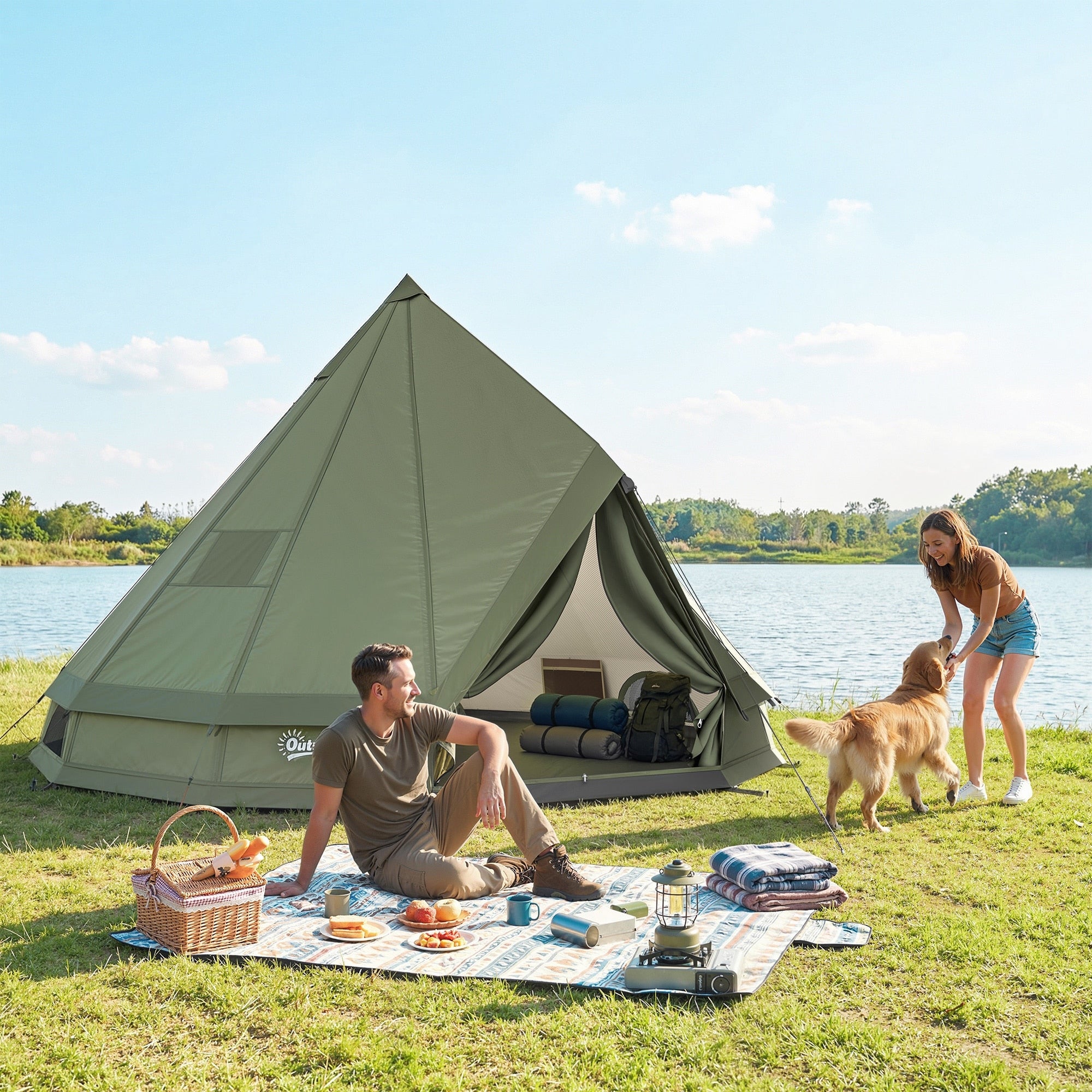 Outsunny Teepee Tent Waterproof Camping Tent With Detachable Stove Jack Ground Sheet And Carry Bag