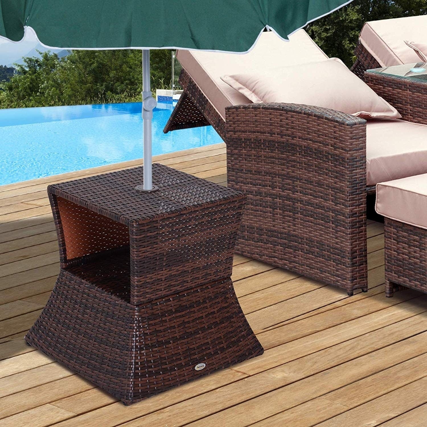 Outsunny Wicker Rattan Outdoor Patio Side Table With Umbrella Hole
