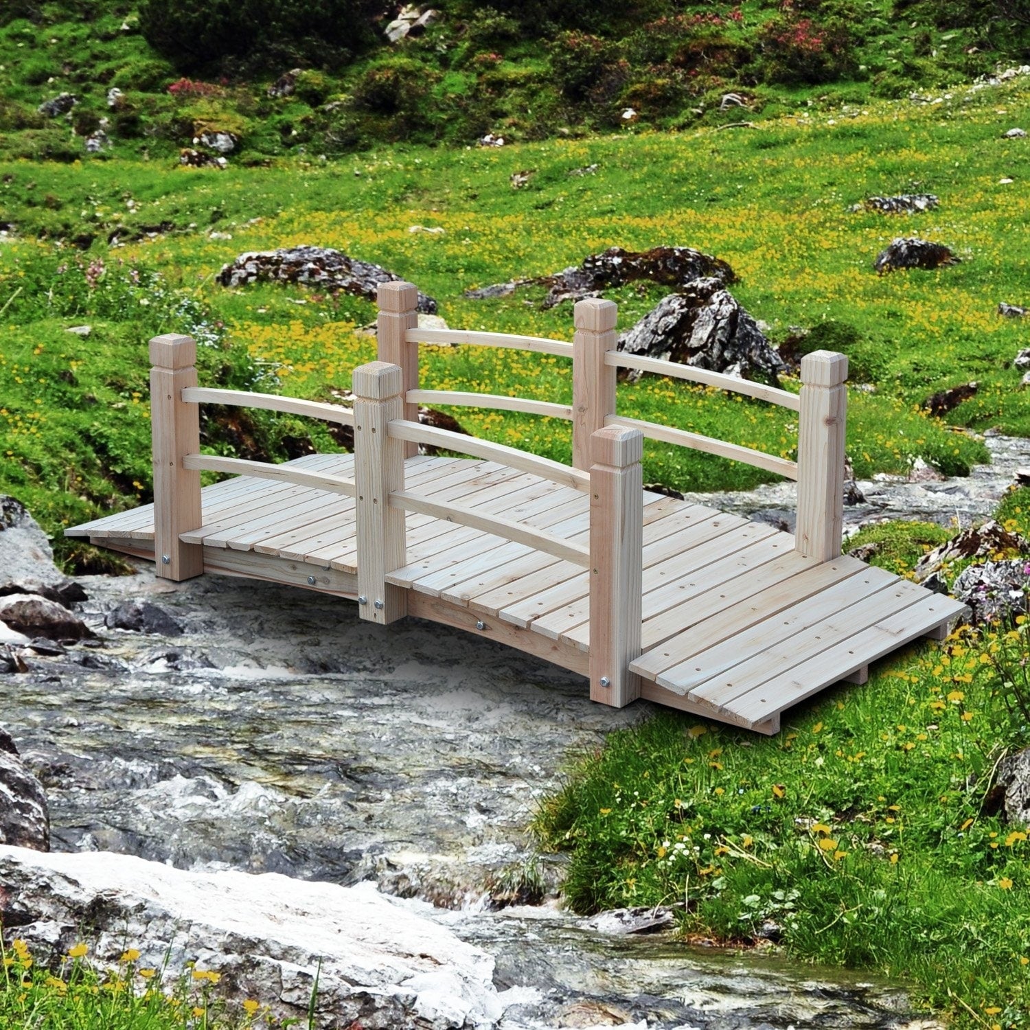 Outsunny Natural Wood 5 Foot Rustic Arched Decorative Backyard Garden Bridge With Railings