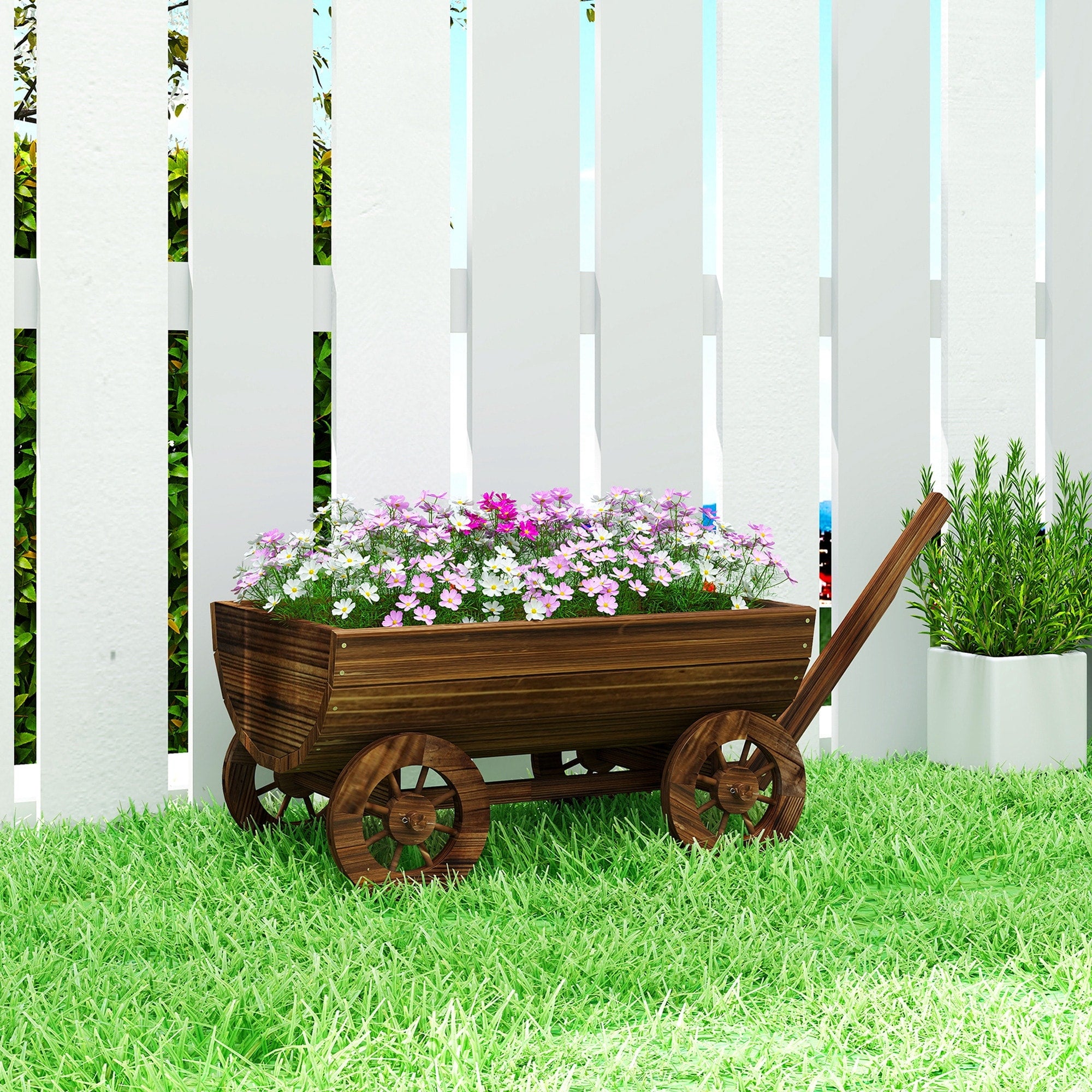 Outsunny Wooden Wagon Planter Box Mobile Garden Planter With 4 Wheels And Handle Small Wheelbarrow Wagon Flower Cart