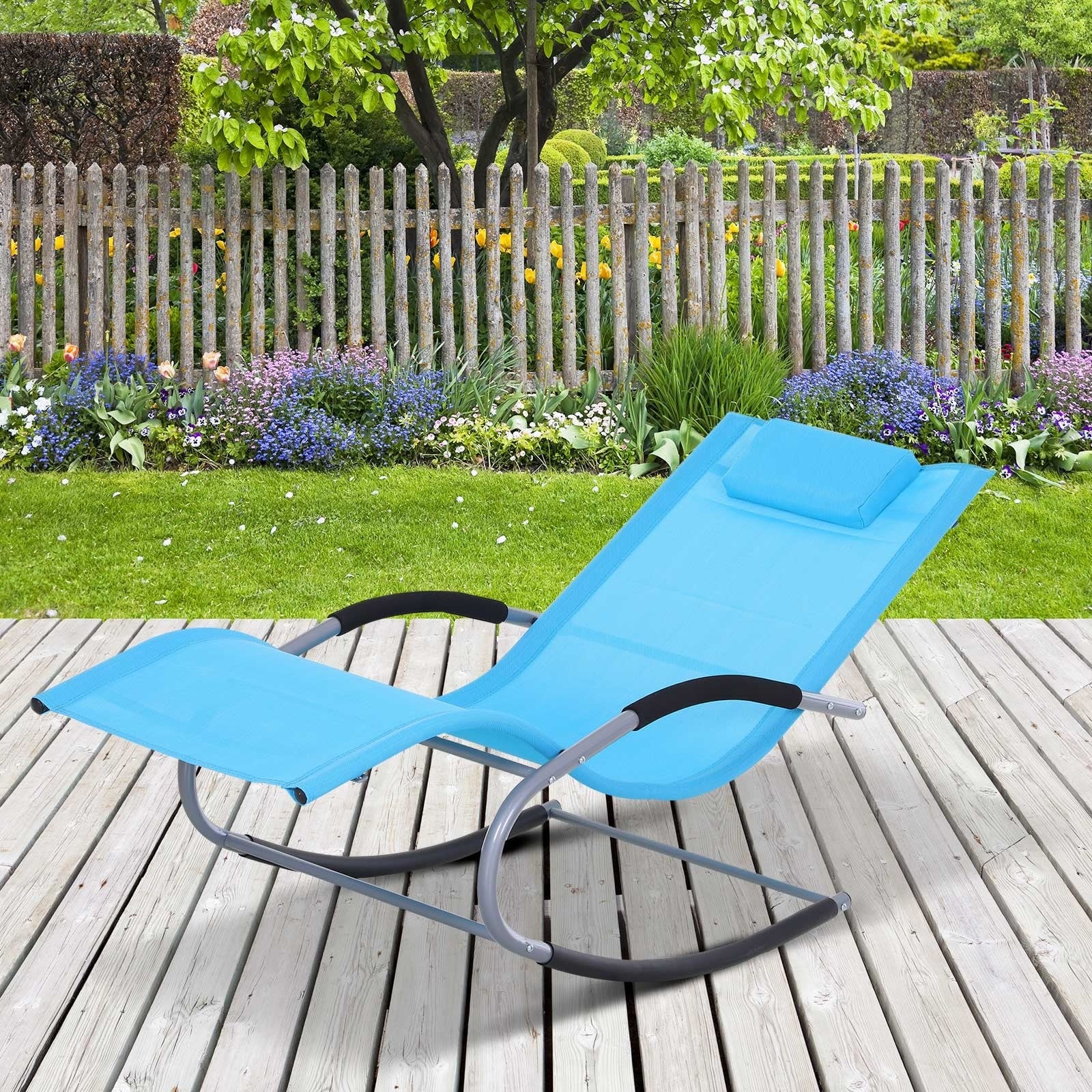 Outsunny Chaise Rocker Patio Lounge Chairs With Recliner W Detachable Pillow Durable Weather Fighting Fabric Blue