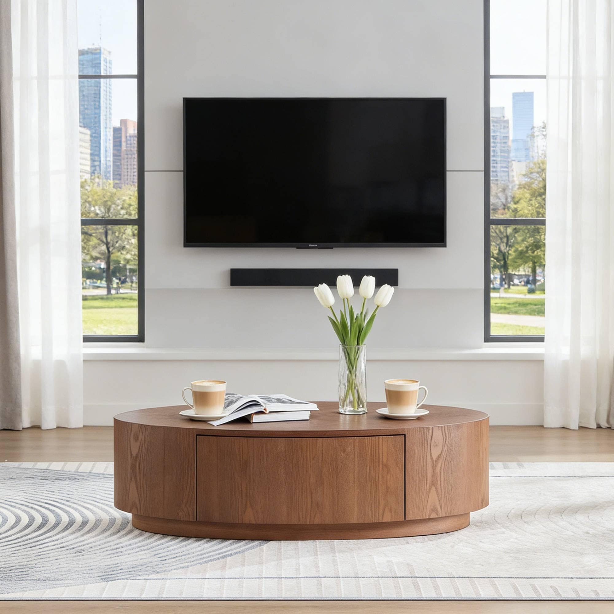 Oval Coffee Table Accent Table With Drawer Elegant Side Table Sofa Table Dark Walnut Center Table End Table