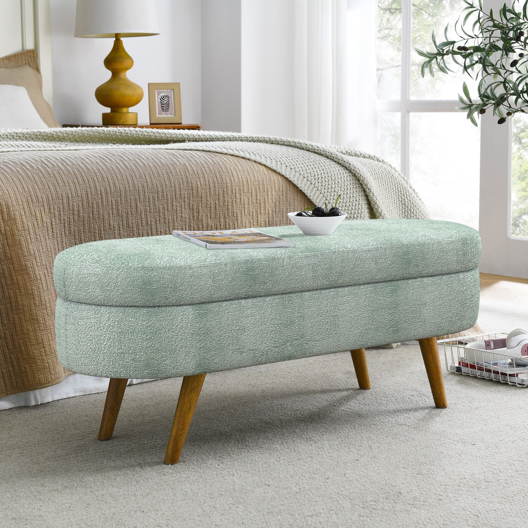 Oval Flip Top Storage Bench Fabric Upholstered Entryway Bench End Of Bed Bench With Rubber Wood Legs For Bedroom Living Room