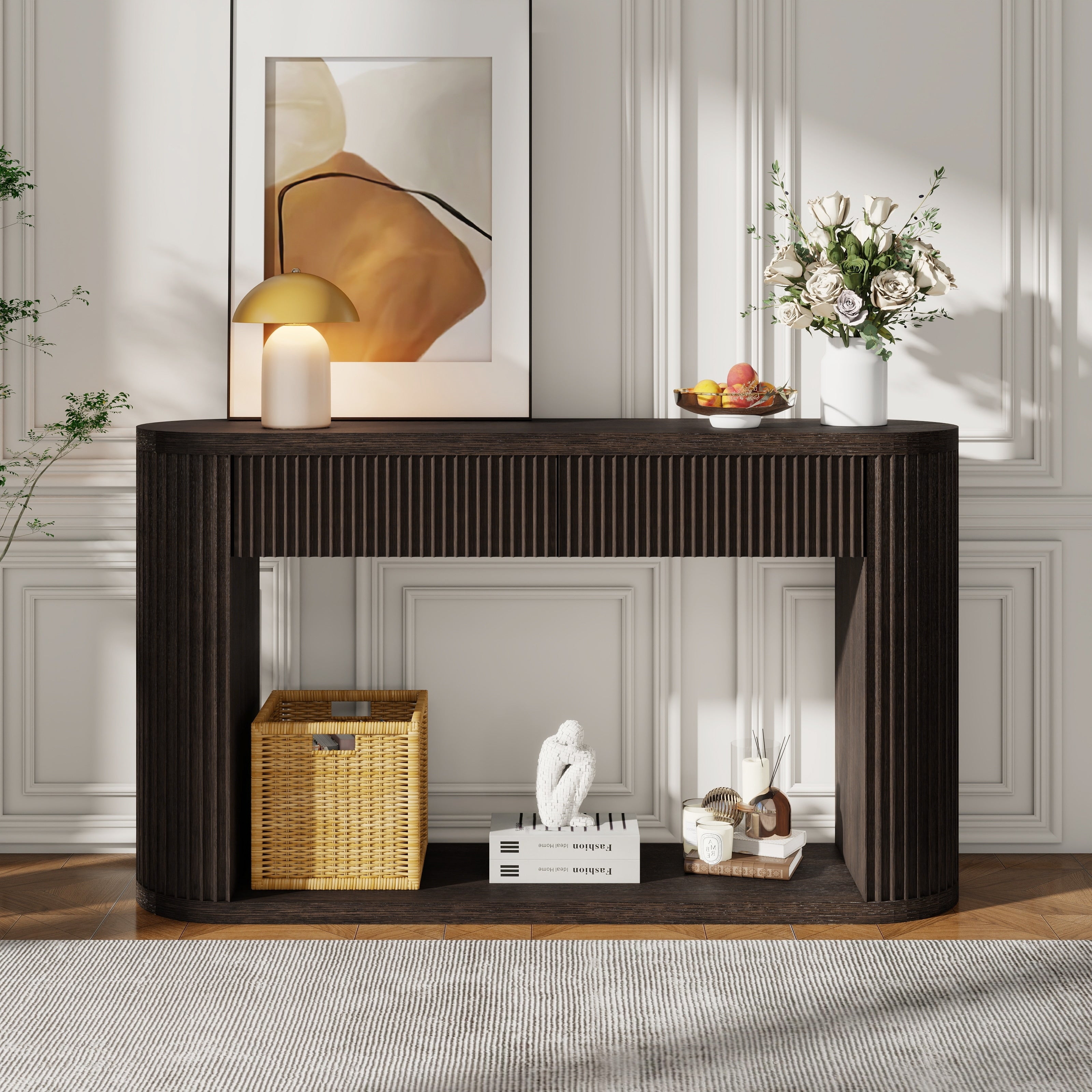 Oval Fluted Console Table Espresso Side Table With 2 Drawers Sofa Table Accent Table Entryway Table With Bottom Shelf