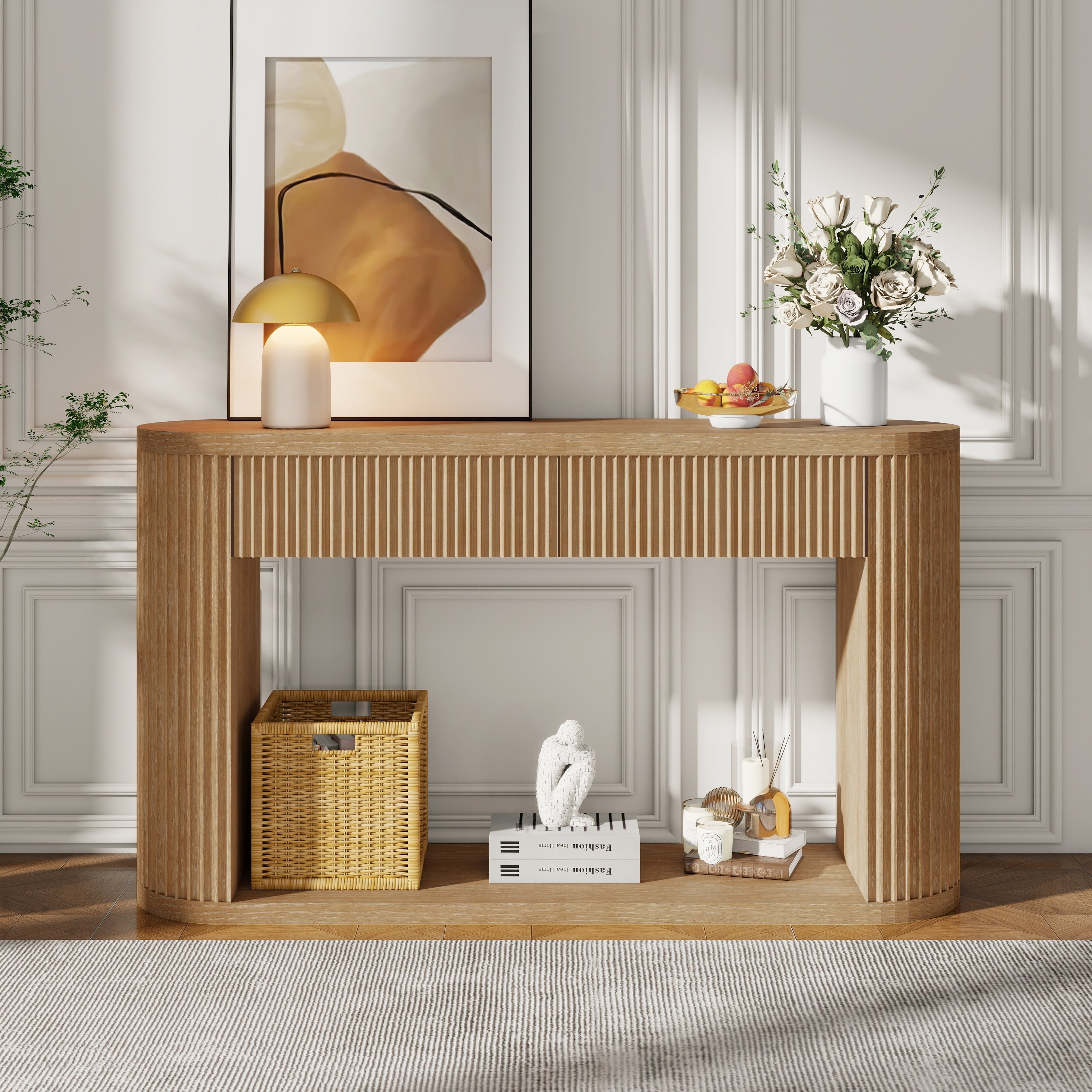 Oval Fluted Console Table Side Table With 2 Drawers Natural Sofa Table Accent Table Entryway Table With Bottom Shelf